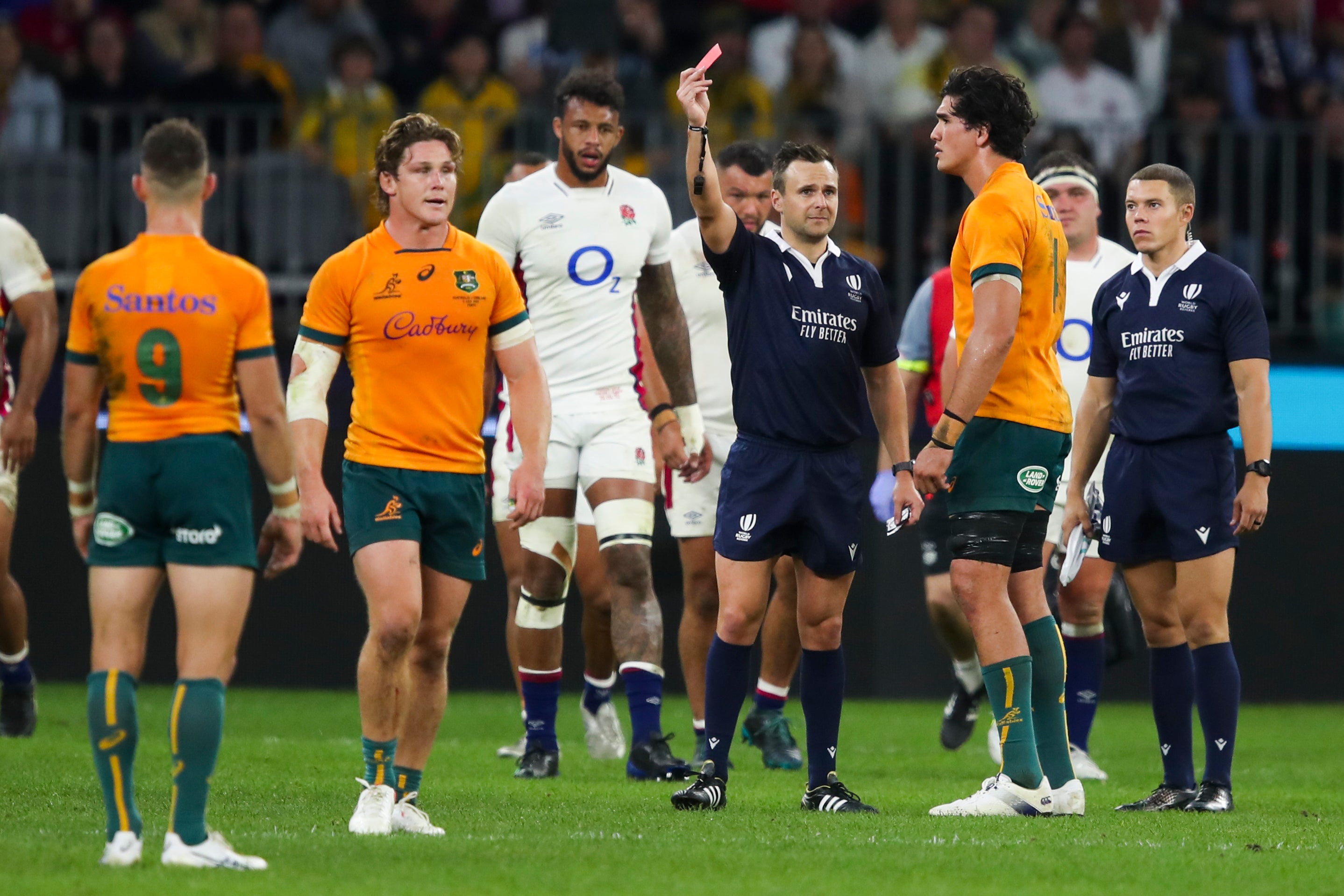 Australia’s Darcy Swain is shown a red card in the first Test (Gary Day/AP)