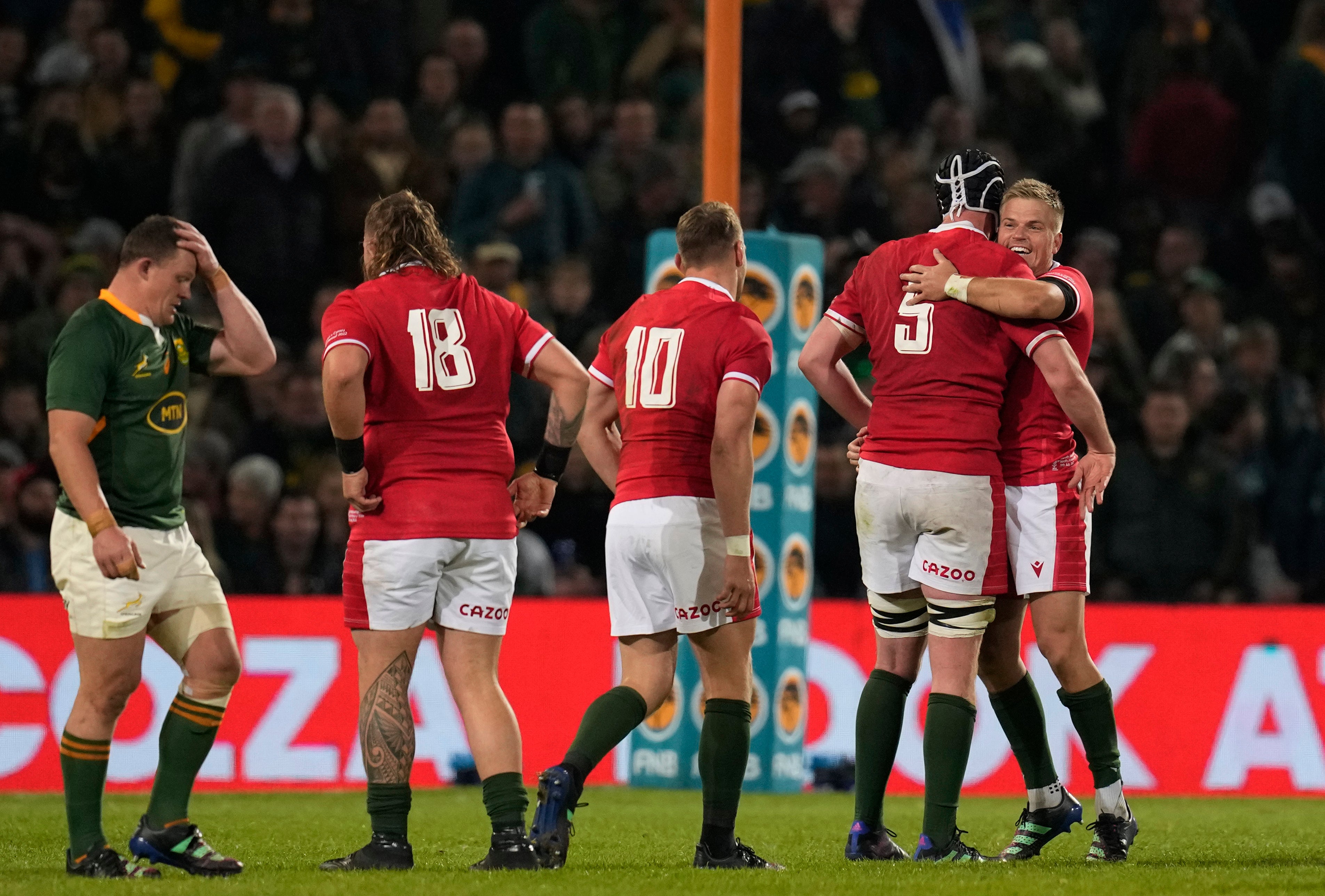 Wales players celebrate after beating South Africa in Bloemfontein (Themba Hadebe/AP)