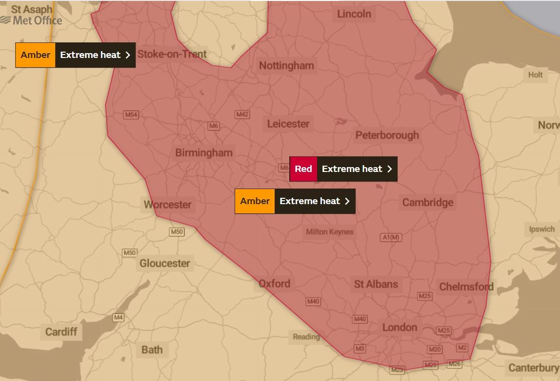 The Met Office red warning covers London and much of central England