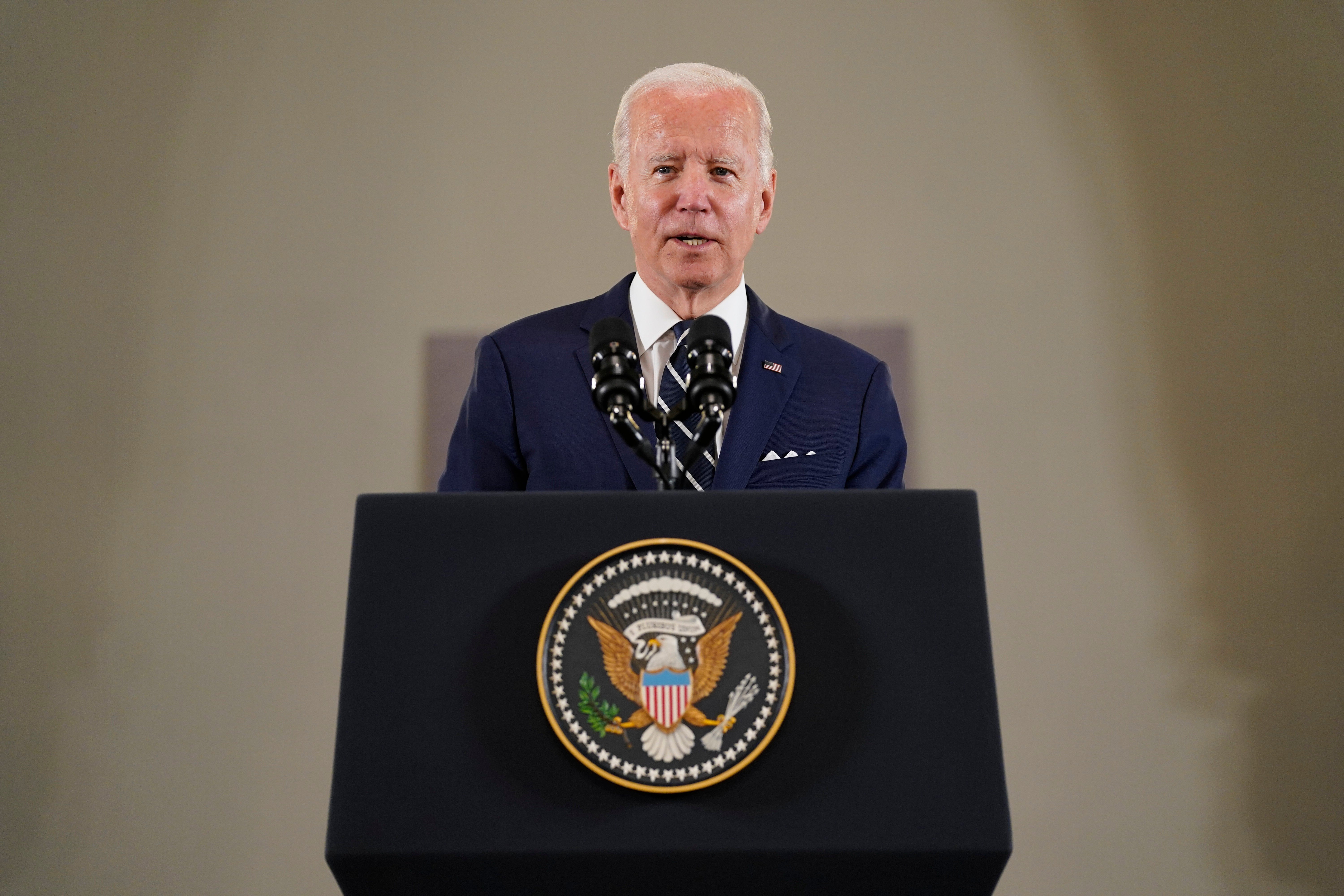 US president Joe Biden gives his remarks after his visit to Augusta Victoria Hospital in east Jerusalem, Friday, 15 July 2022