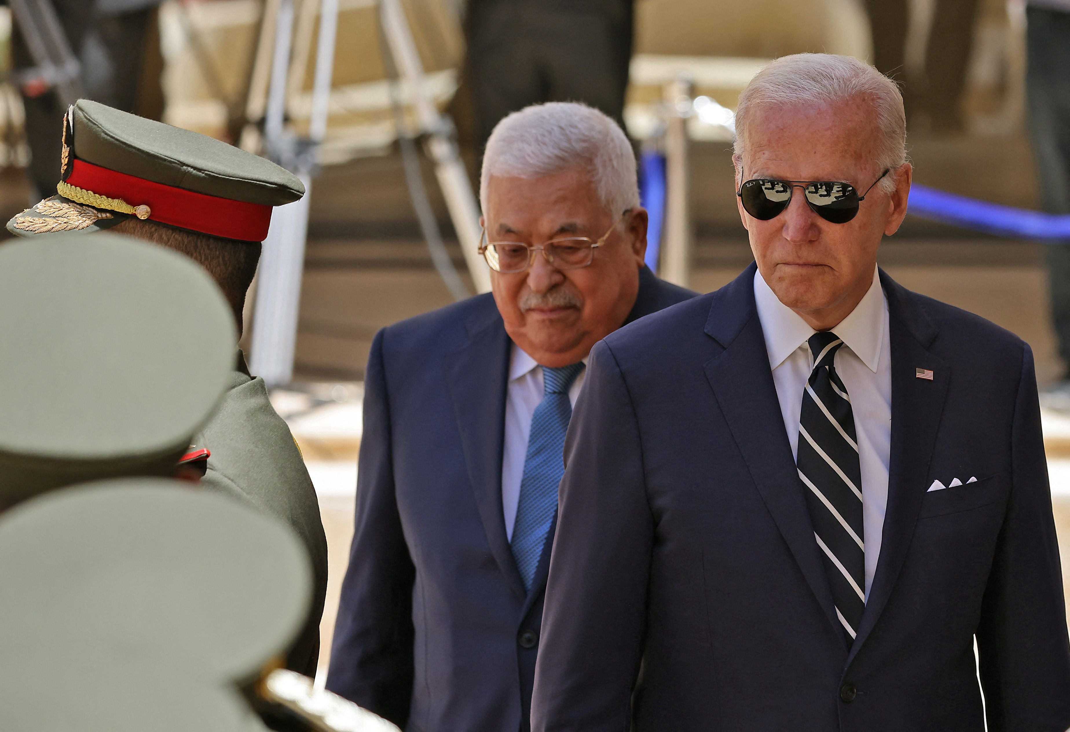 US President Joe Biden received by Palestinian President Mahmud Abbas in the city of Bethlehem in the occupied West Bank on 15 July 2022