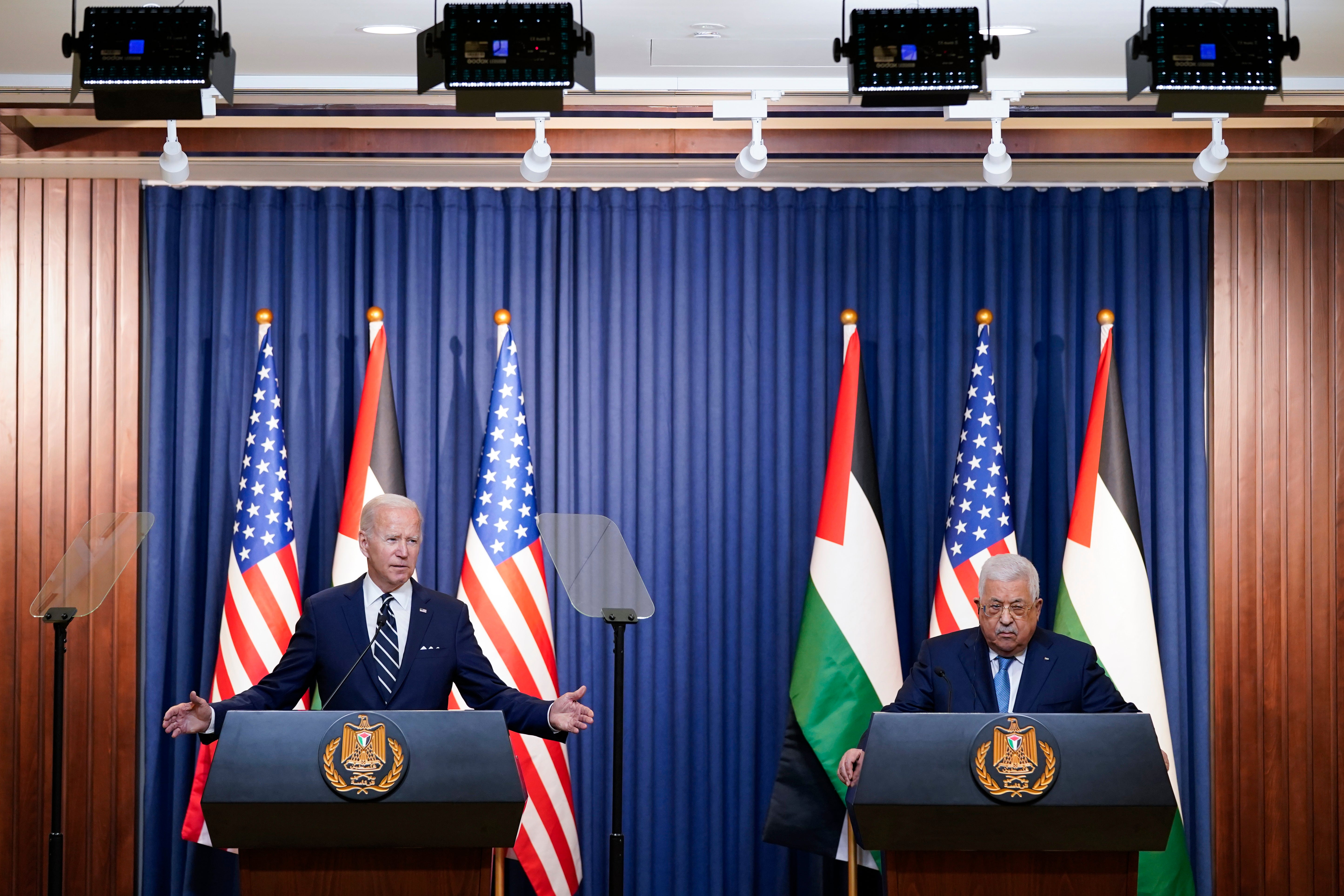 U.S. President Joe Biden speaks during a joint statement with Palestinian President Mahmoud Abbas at the West Bank town of Bethlehem, Friday, July 15, 2022. (AP Photo/Evan Vucci)