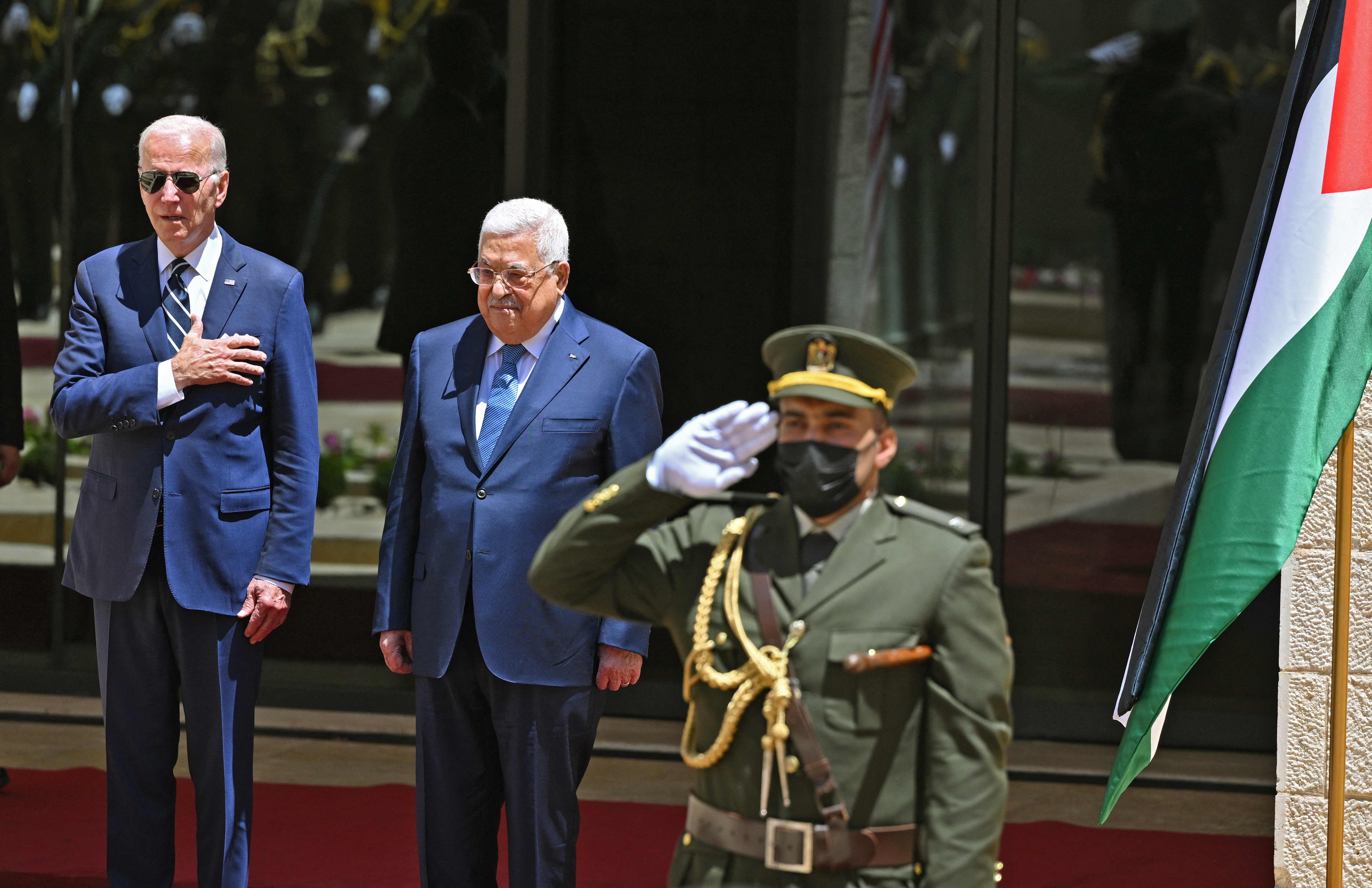 President Joe Biden is received by Palestinian president Mahmud Abbas during a welcome ceremony at the Palestinian Muqataa Presidential Compound in the city of Bethlehem