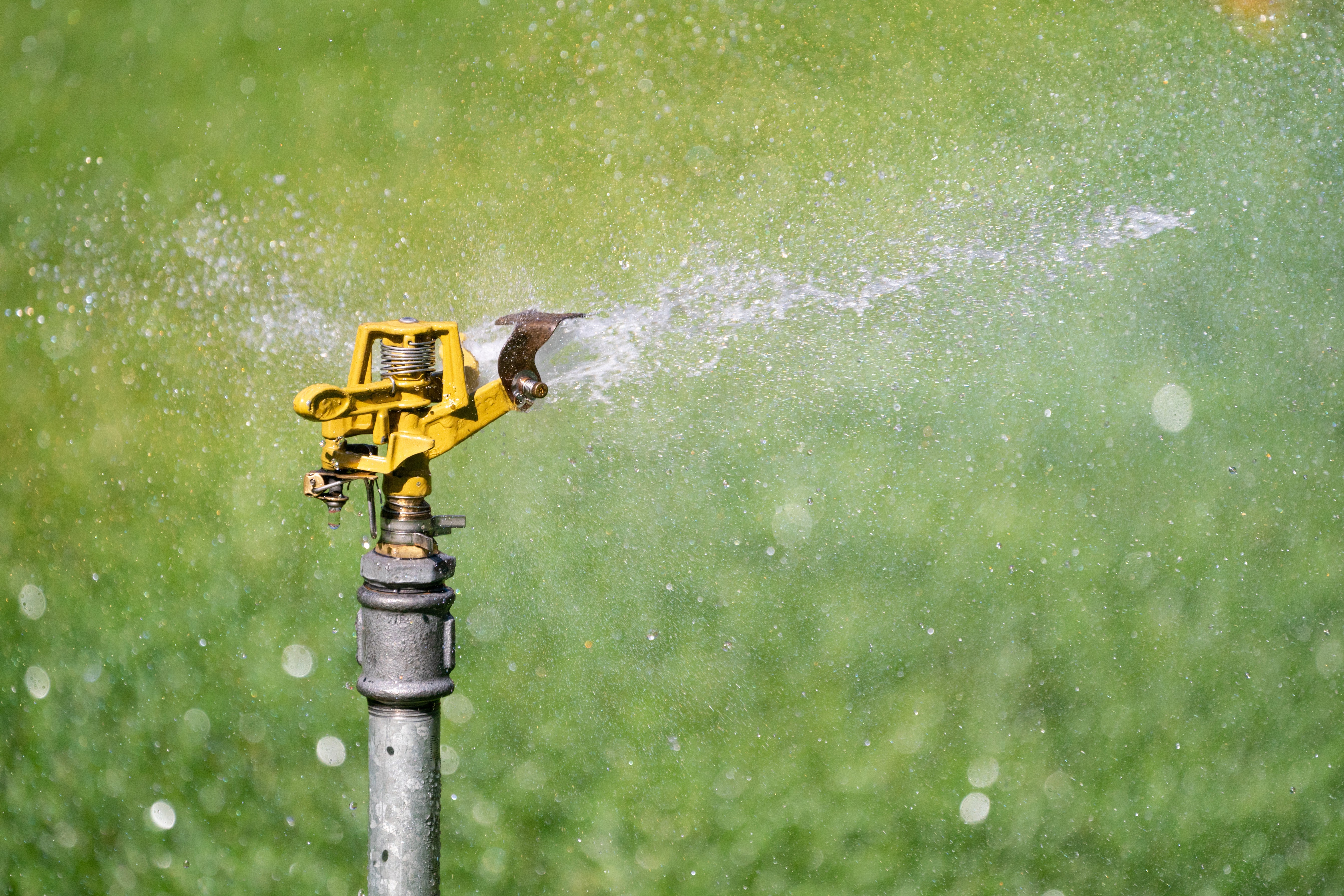 A sprinkler head sprays water onto a green lawn in London as temperatures in the south of England are expected to hit an annual high of 33C this week and some schools are closing their doors (Dominic Lipinski/PA)