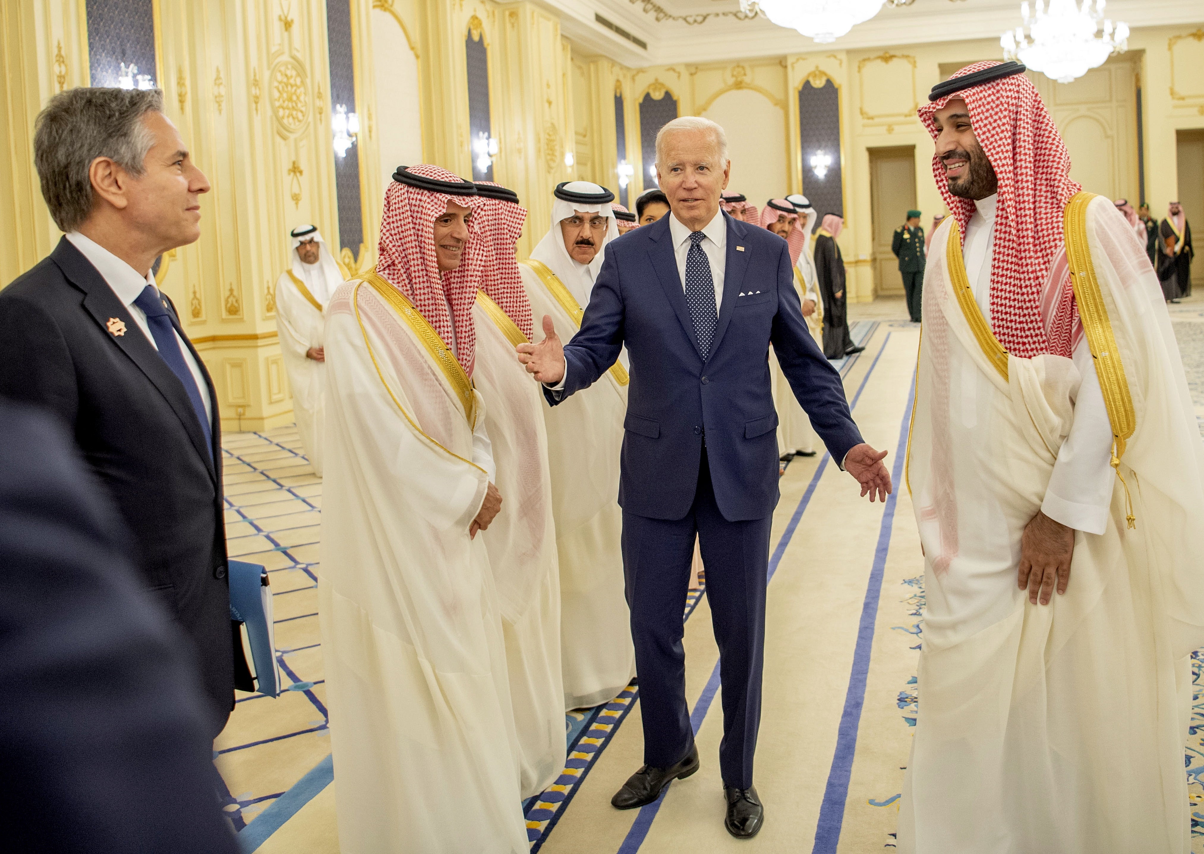 Secretary of State Antony Blinken, President Joe Biden, and Crown Prince Mohammed bin Salman