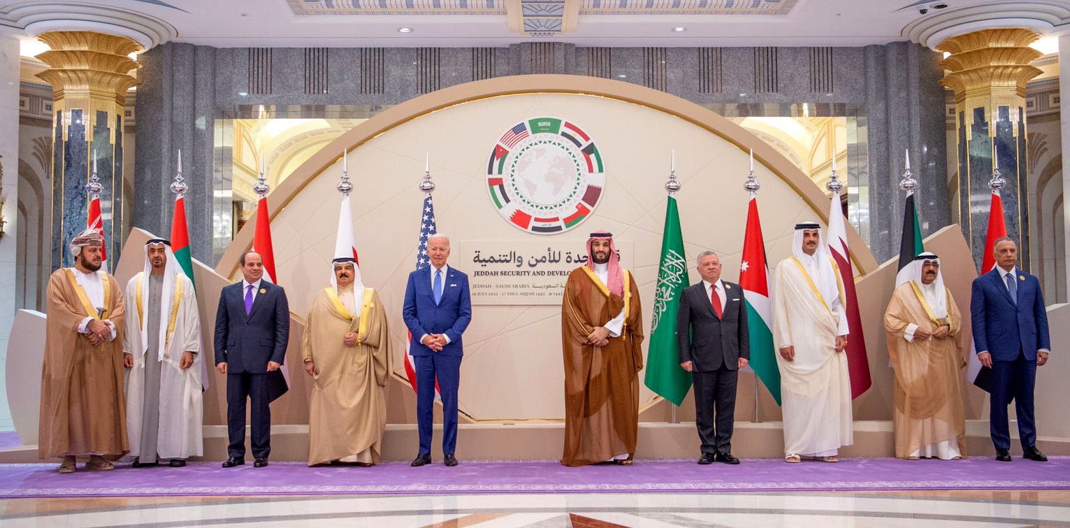 President Joe Biden stands shoulder to shoulder with MBS during a photoshoot on Saturday