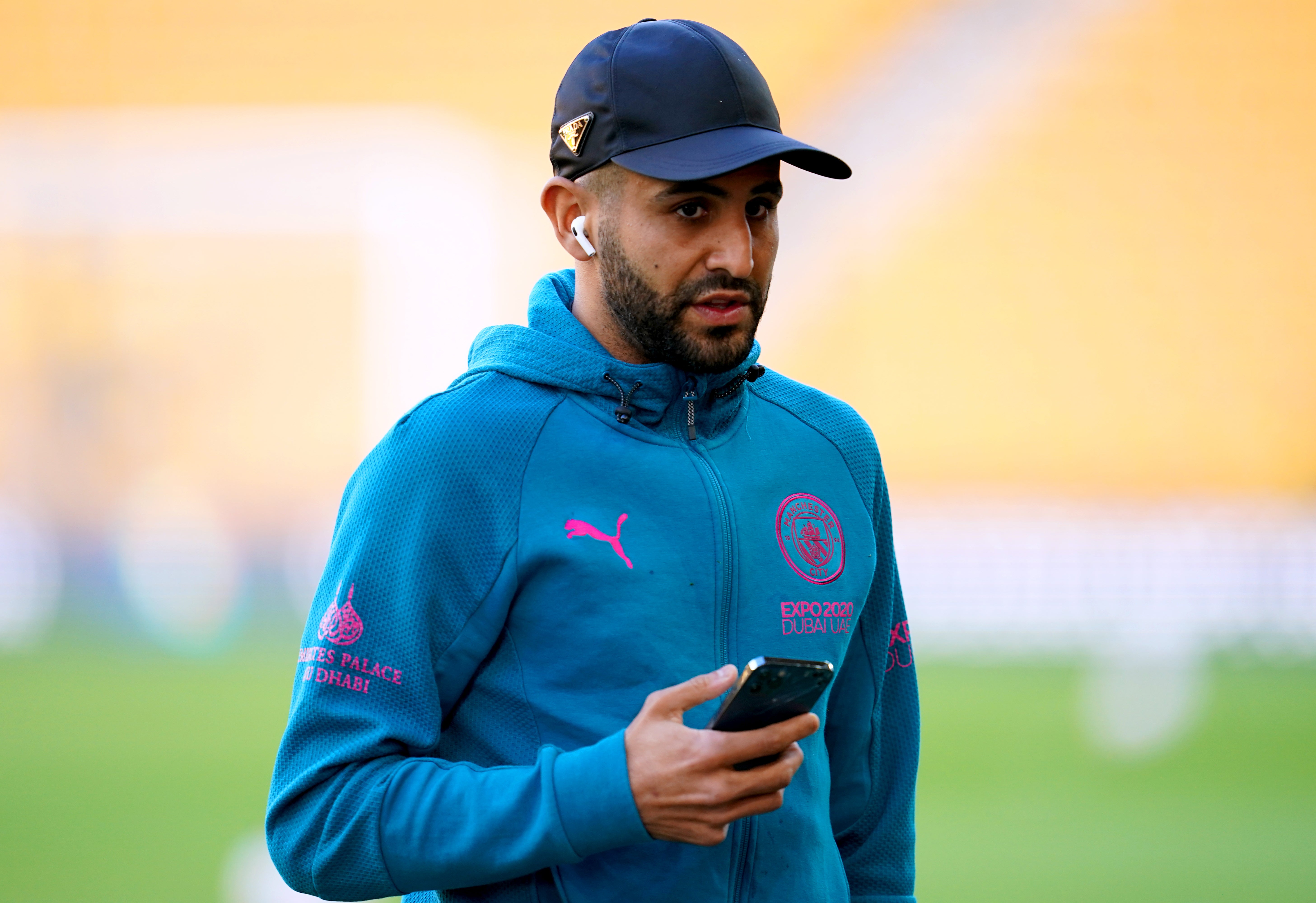 Manchester City’s Riyad Mahrez inspects the pitch ahead of the Premier League match at the Molineux Stadium, Wolverhampton. Picture date: Wednesday May 11, 2022.