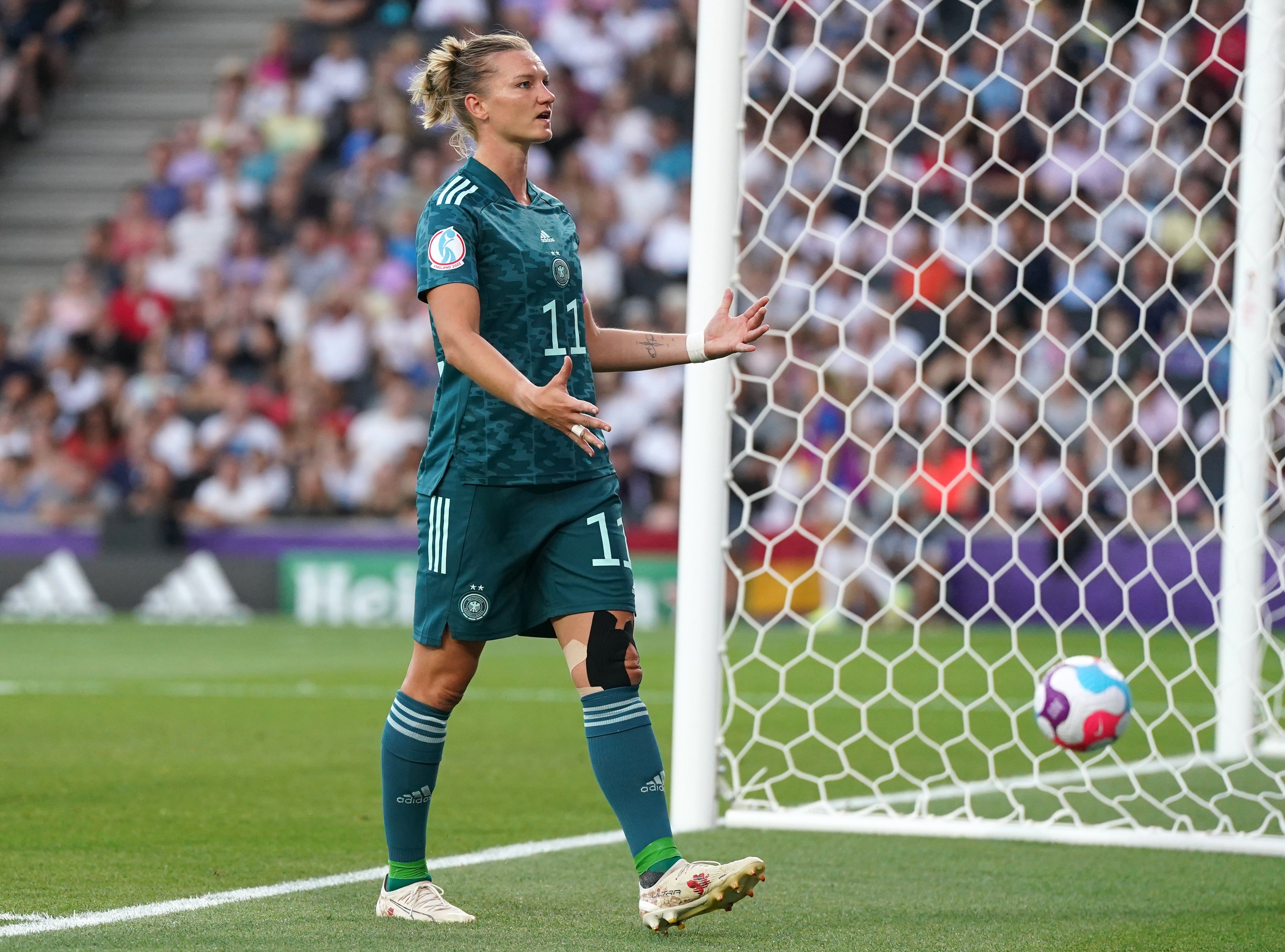 Germany’s Alexandra Popp reacts after missing an attempt at goal during the UEFA Women’s Euro 2022 Group B match (Nick Potts/PA)