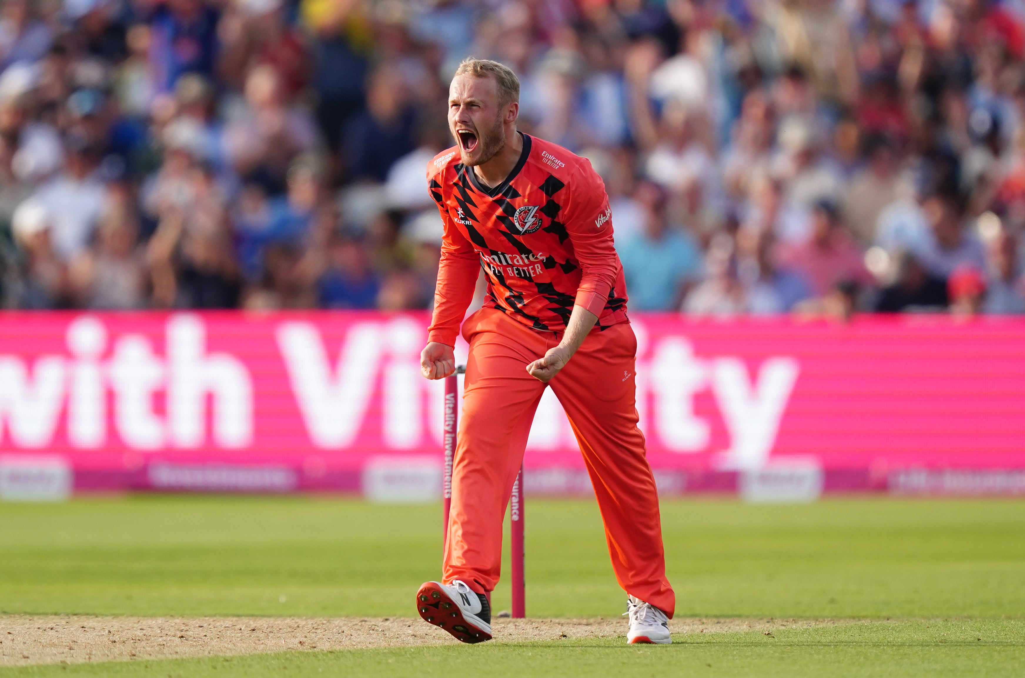 Lancashire’s Matt Parkinson celebrates taking the wicket of Hampshire Hawks’ Liam Dawson (Mike Egerton/PA)