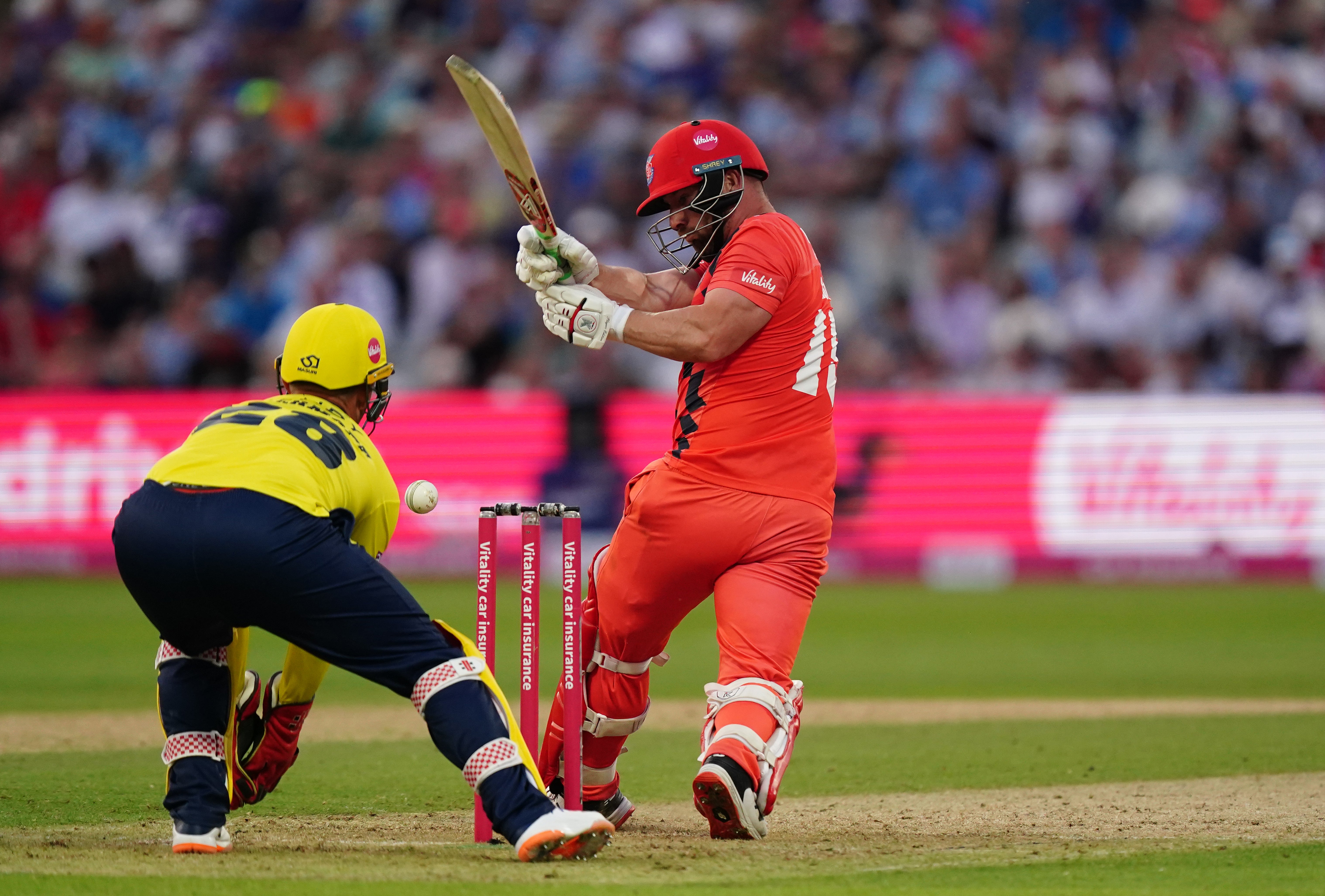 Lancashire Lightning’s Steven Croft (right) is caught behind by Hampshire Hawks’ Ben McDermott during the Vitality Blast (Mike Egerton/PA)