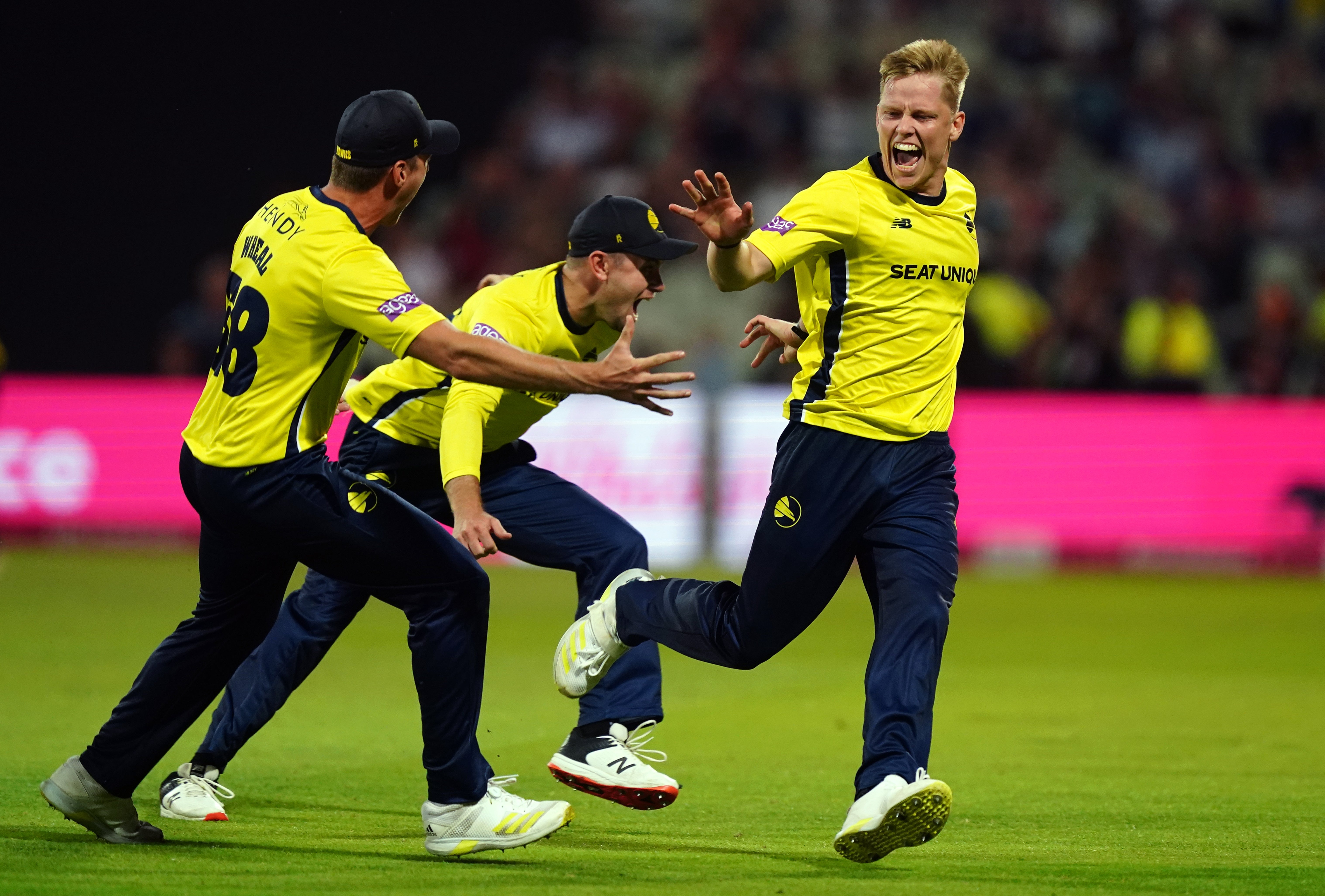 Nathan Ellis (right) celebrates after his side win the Vitality Blast T20 final match on Saturday (Mike Egerton/PA)