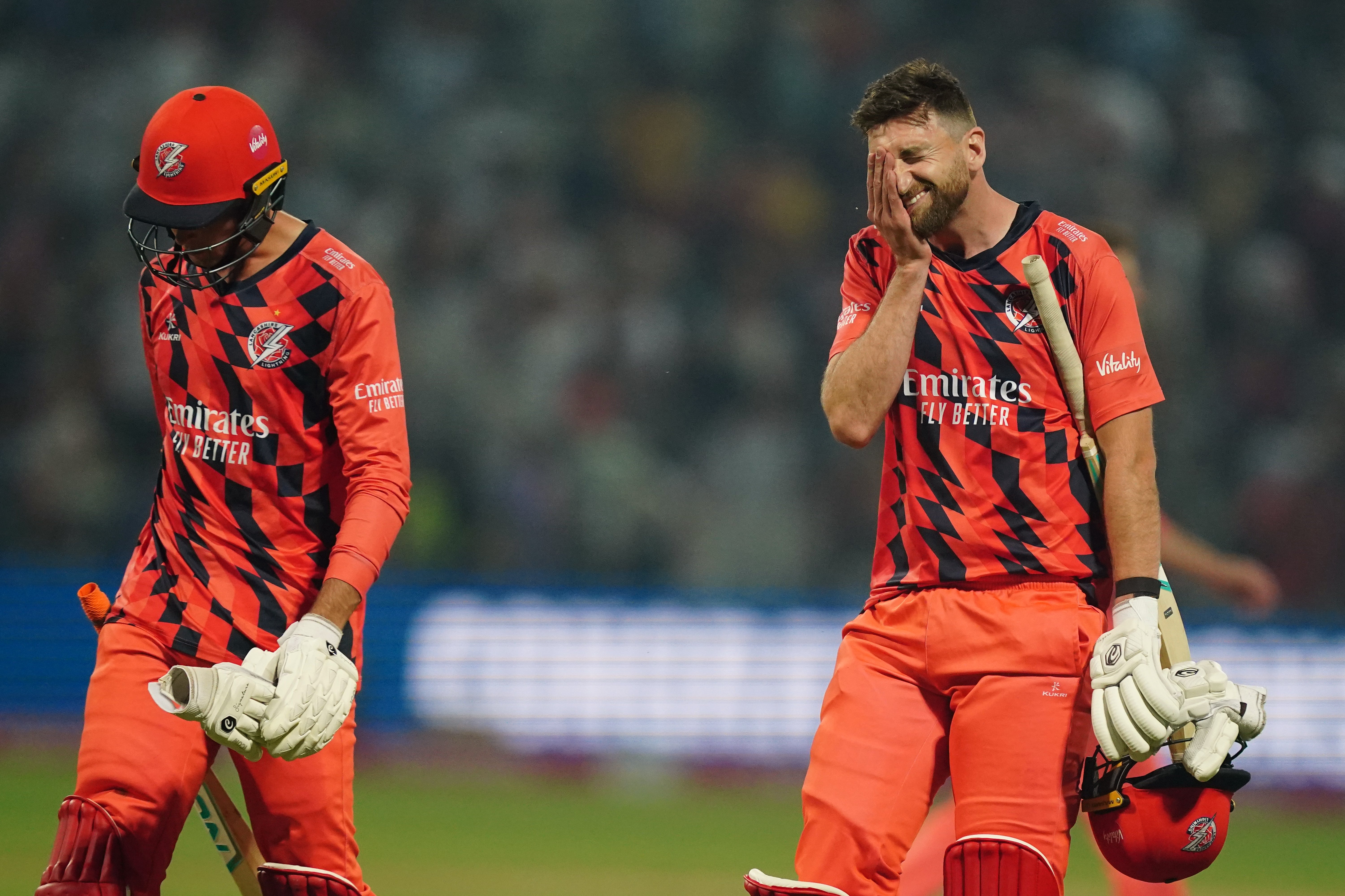 Lancashire Lightning’s Richard Gleeson (right) looking dejected after his side lost the Vitality Blast T20 final match at Edgbaston Stadium, Birmingham (Mike Egerton/PA)