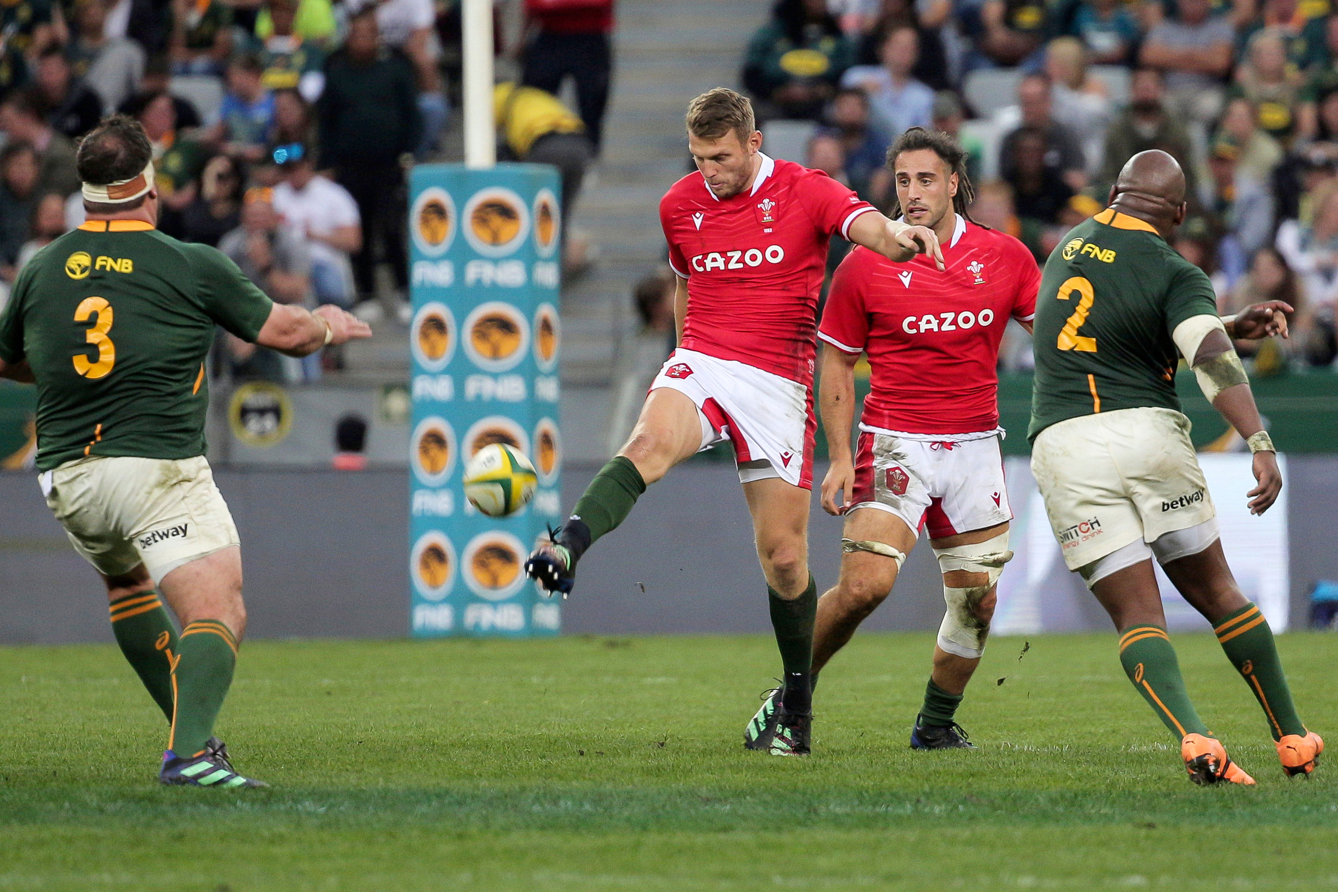 Dan Biggar (centre) in third Test action for Wales against South Africa (Halden Krog/AP)