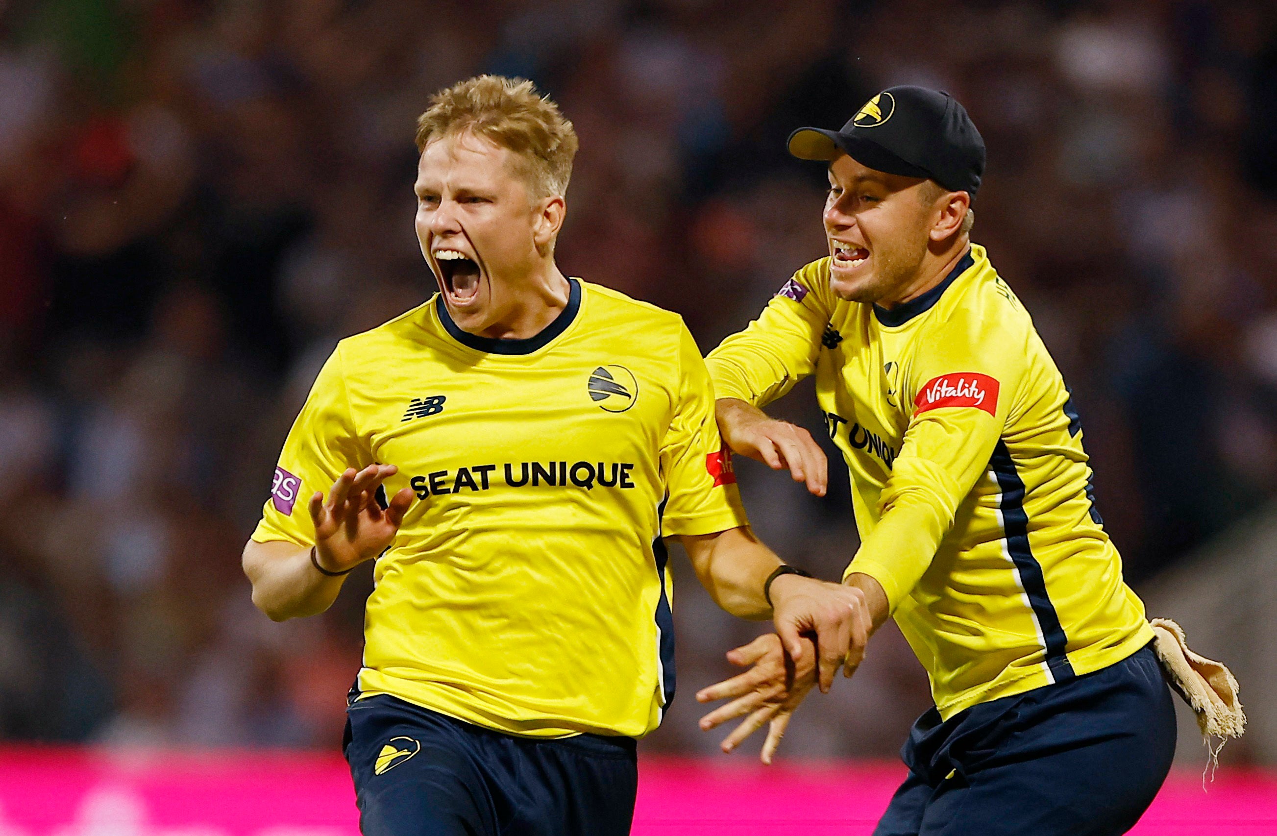 Hampshire Hawks’ Nathan Ellis celebrates after thinking they had won