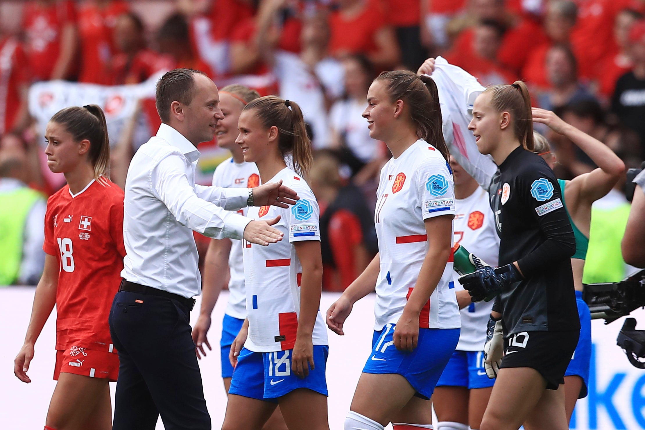 Mark Parsons’ (second left) Netherlands side have reached the last eight of Euro 2022 (Leila Coker/AP)