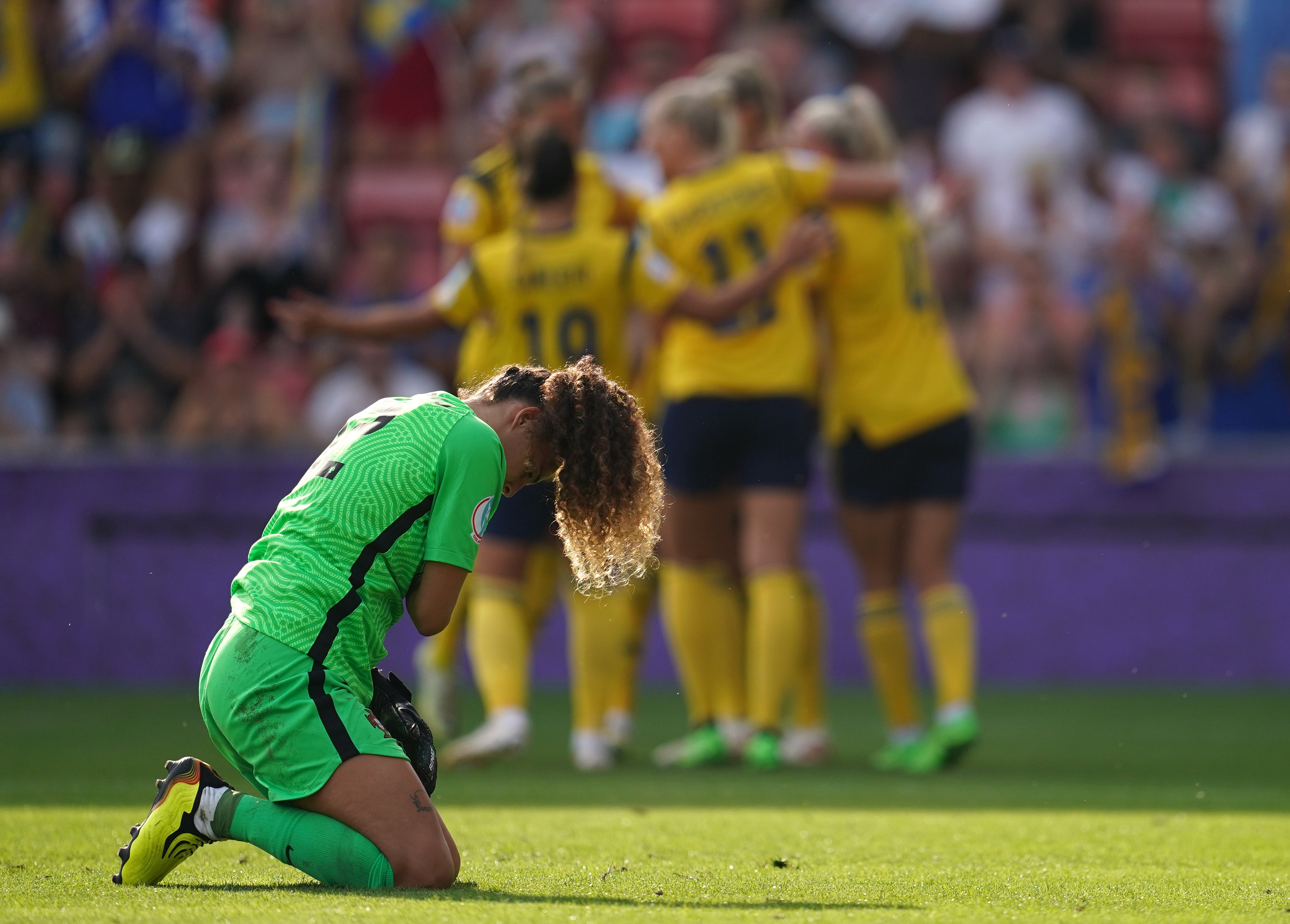 Portugal goalkeeper Patricia Morais is brought to her knees by Sweden’s fourth goal in her side’s 5-0 defeat (Nick Potts/PA)