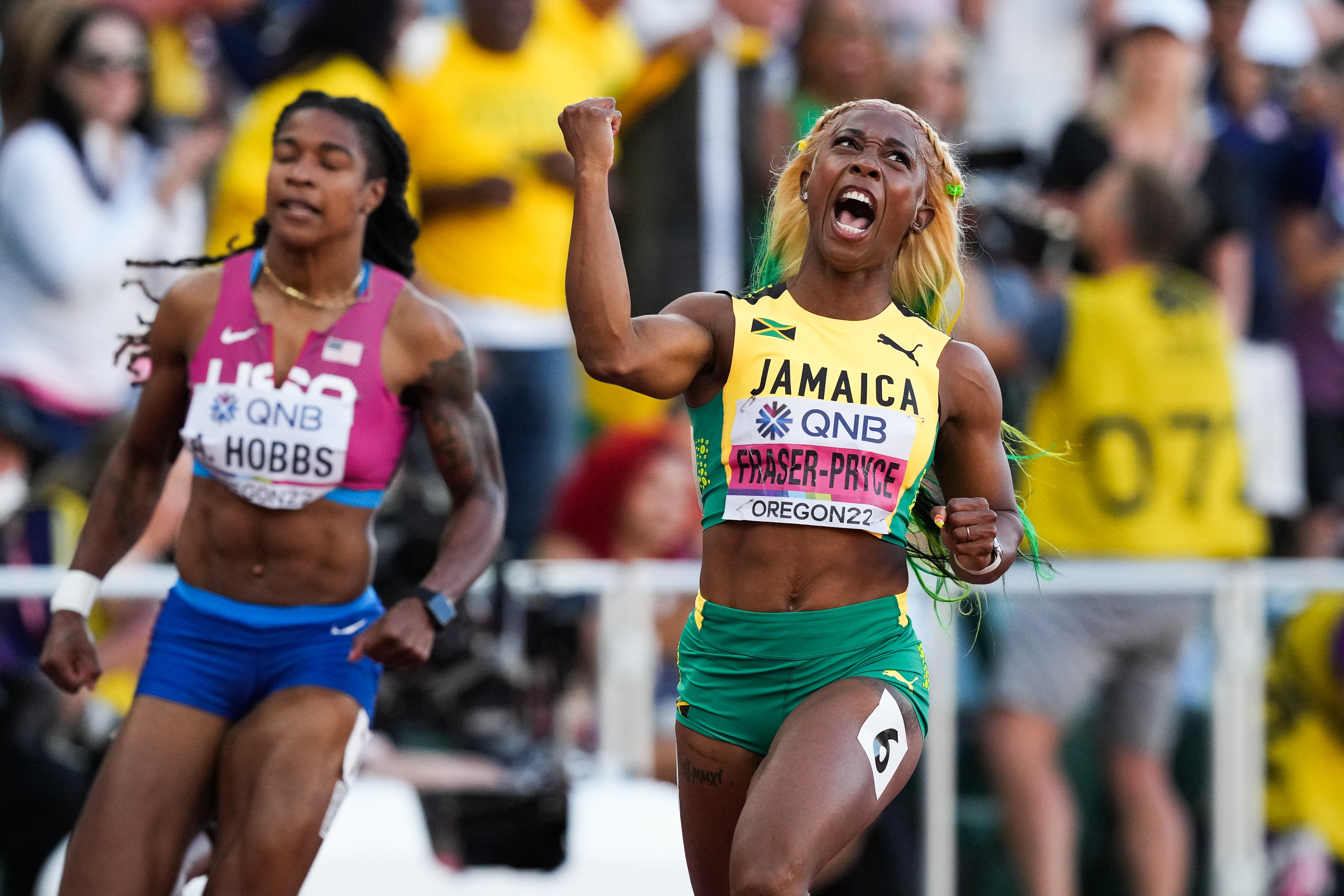 Jamaica’s Shelly-Ann Fraser-Pryce celebrates her fifth 100m world title