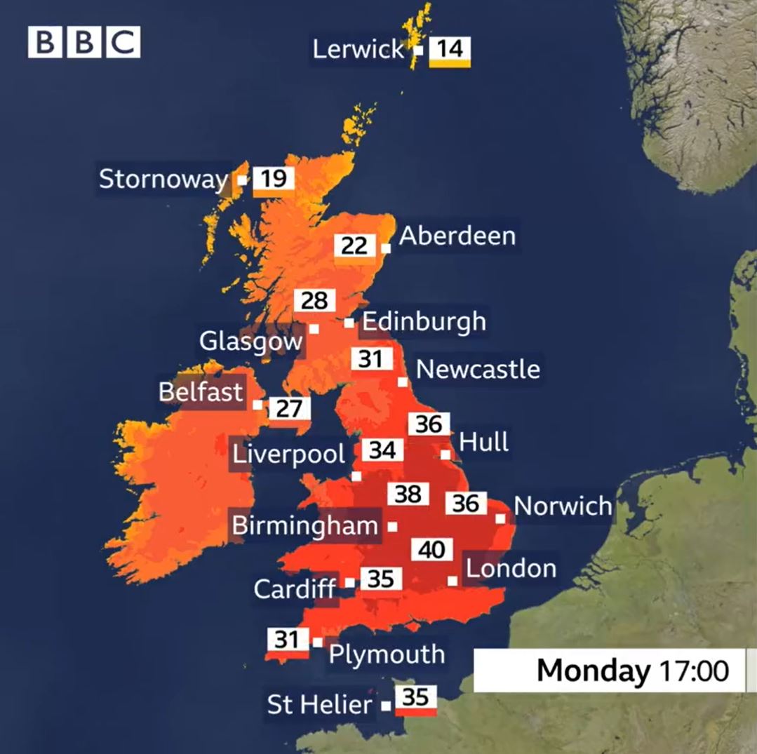 London is expected to bear the brunt of the heat with highs of up to 42C possible