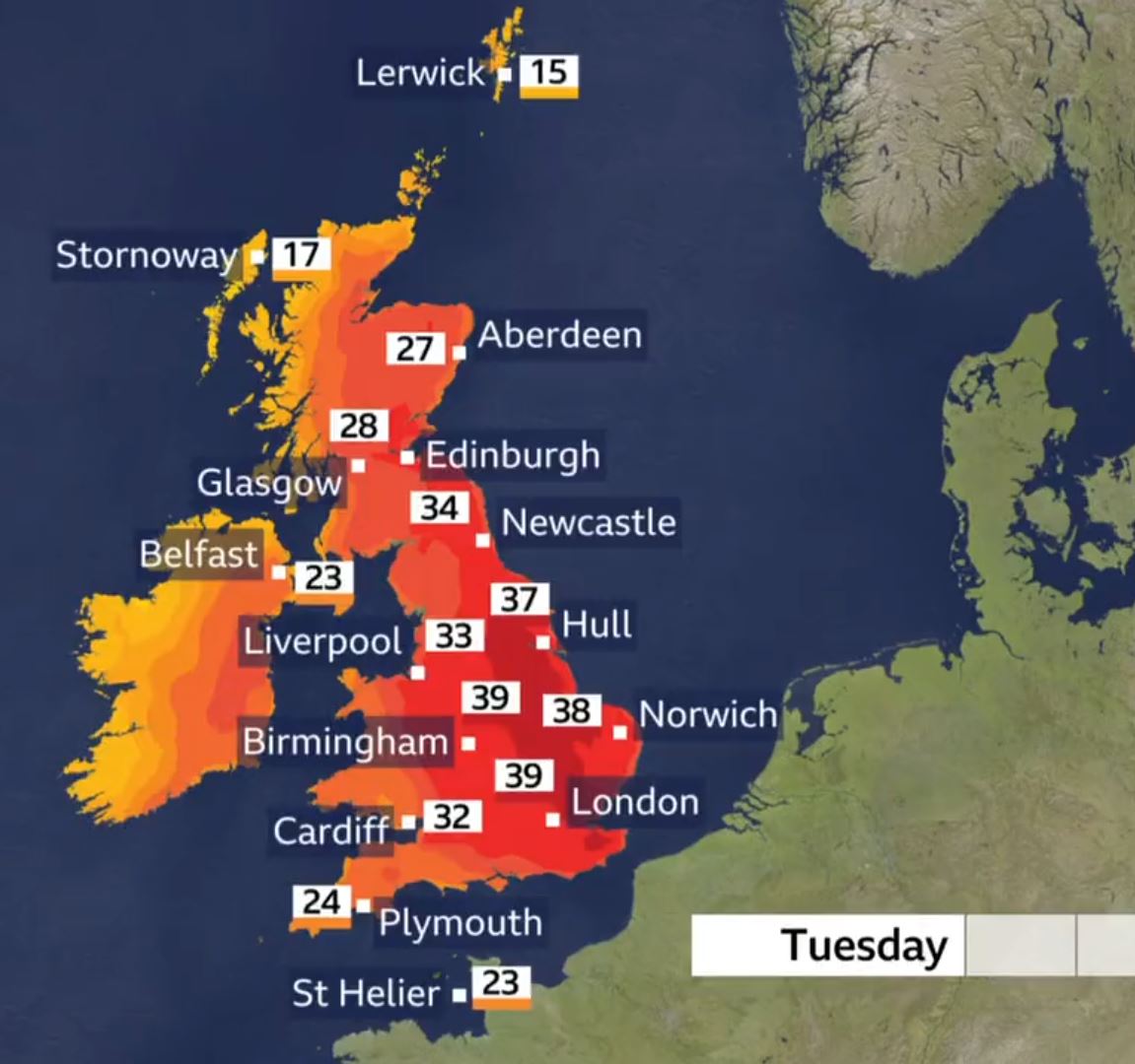 Tuesday is predicted to be even hotter than Monday, with temperatures possibly hitting a new record for England