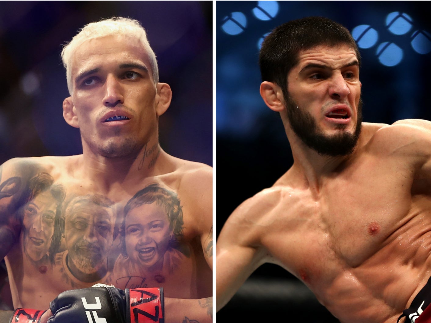 Charles Oliveira (left) and Islam Makhachev will clash for the vacant lightweight title