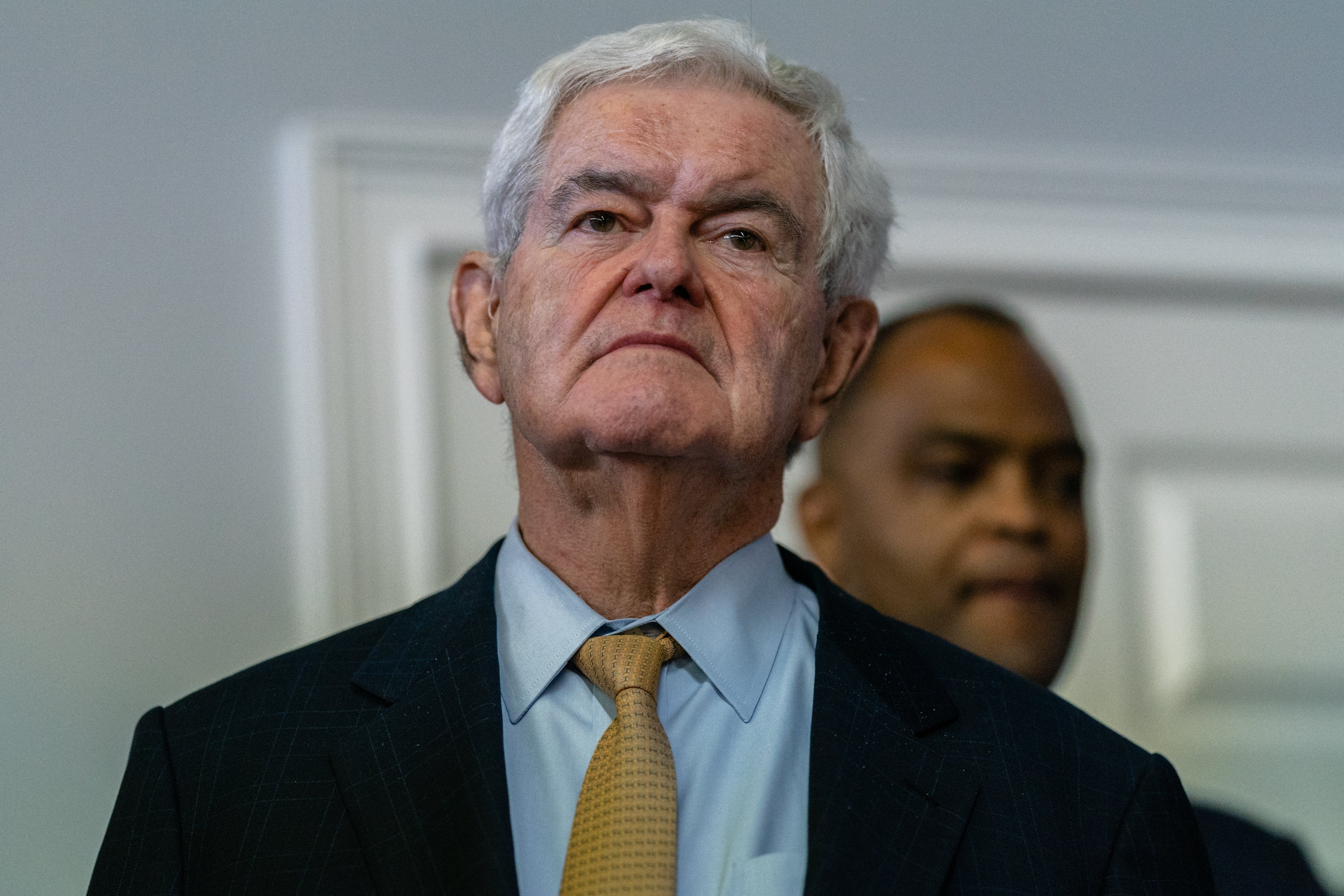 Former Republican Speaker of the House Newt Gingrich looks on as Republican Gubernatorial candidate David Perdue speaks at a campaign event on March 29, 2022 in Marietta, Georgia