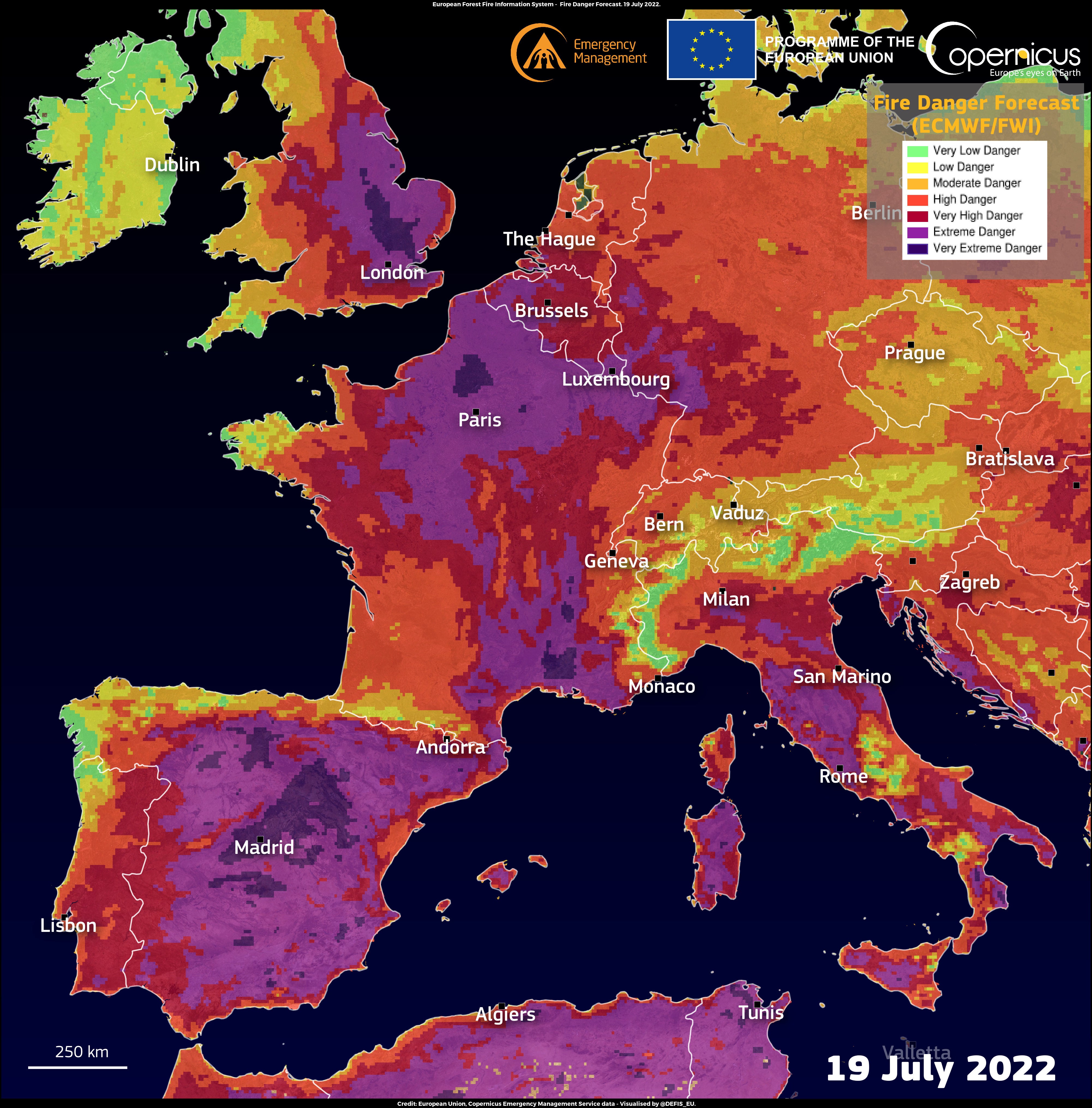 The European Forest Fire Information System’s forecast for Tuesday shows risk of ‘very extreme danger’ of fire in the UK.