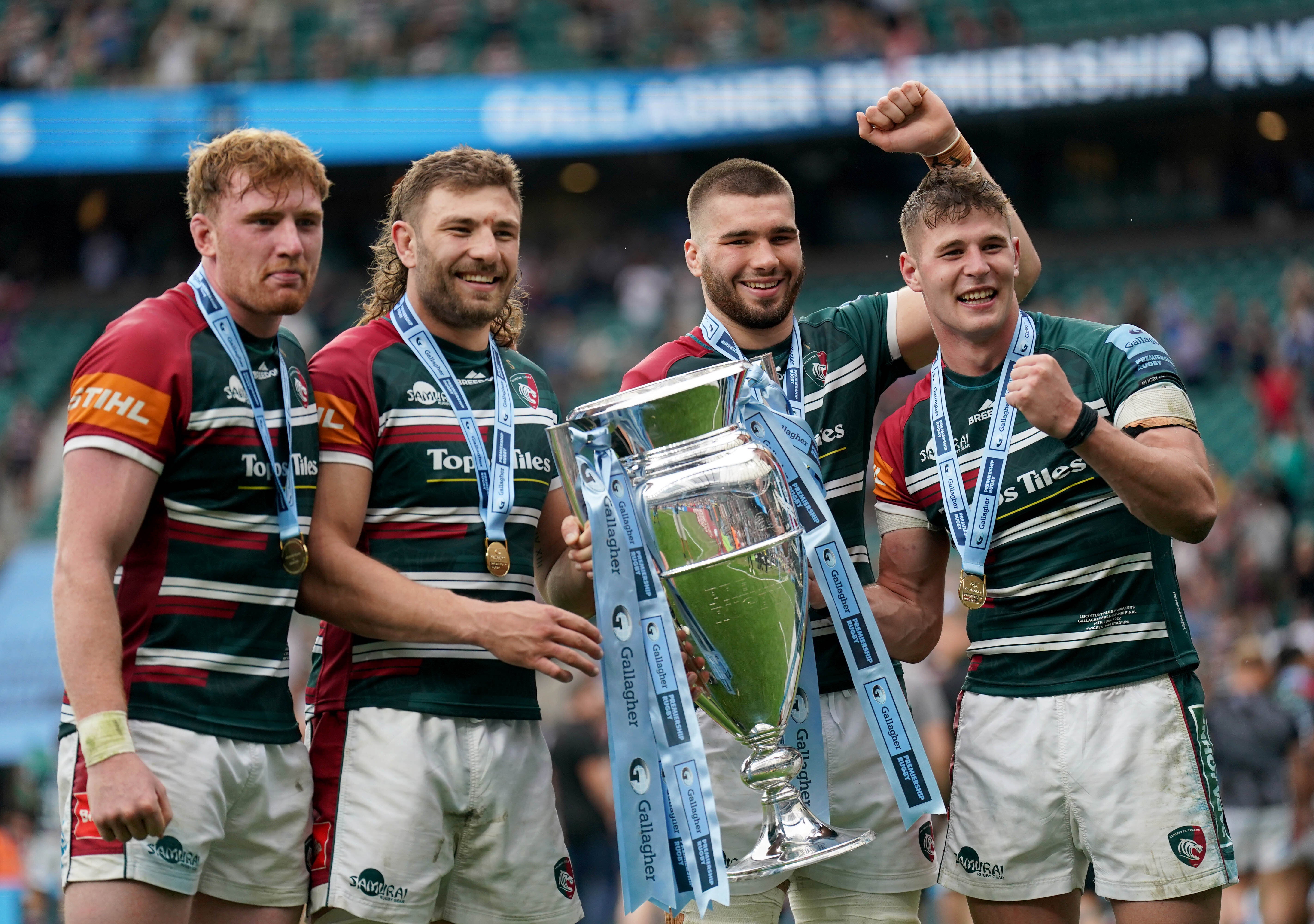 Leicester players celebrate after winning the Gallagher Premiership title last season (PA)