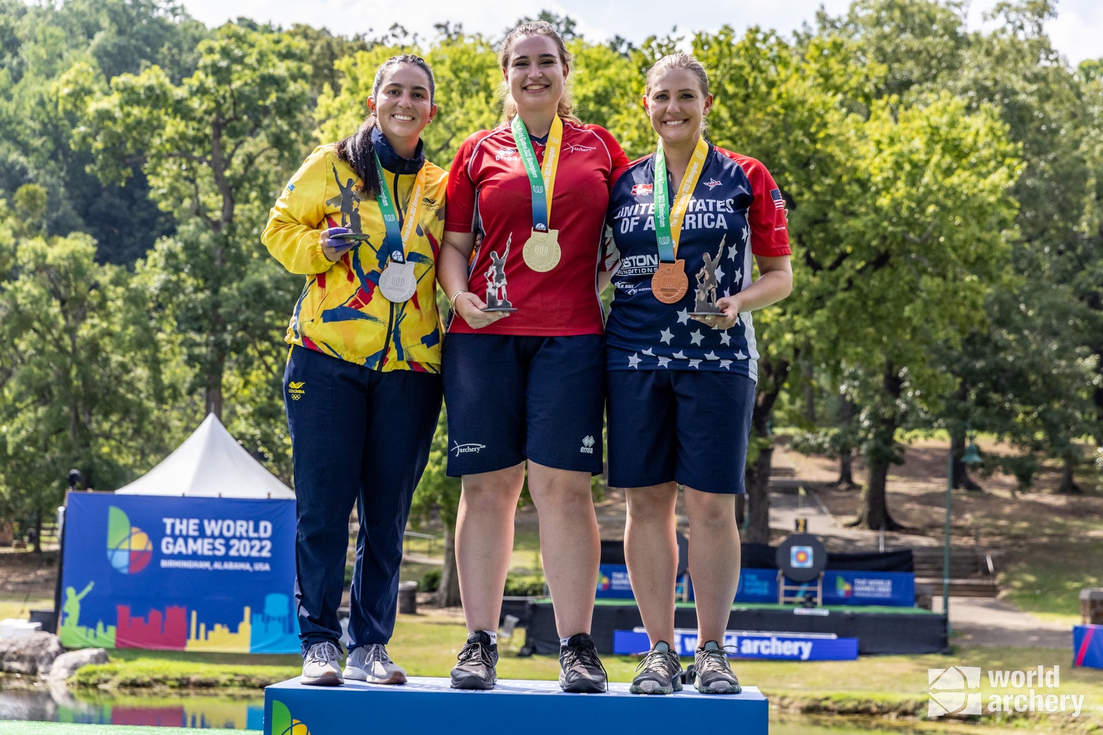 Ella Gibson, centre, took the world number one spot from Colombias Sara Lopez, left, at the World Games in Alabama, where American Paige Pearce, right, claimed bronze World Archery/PA)