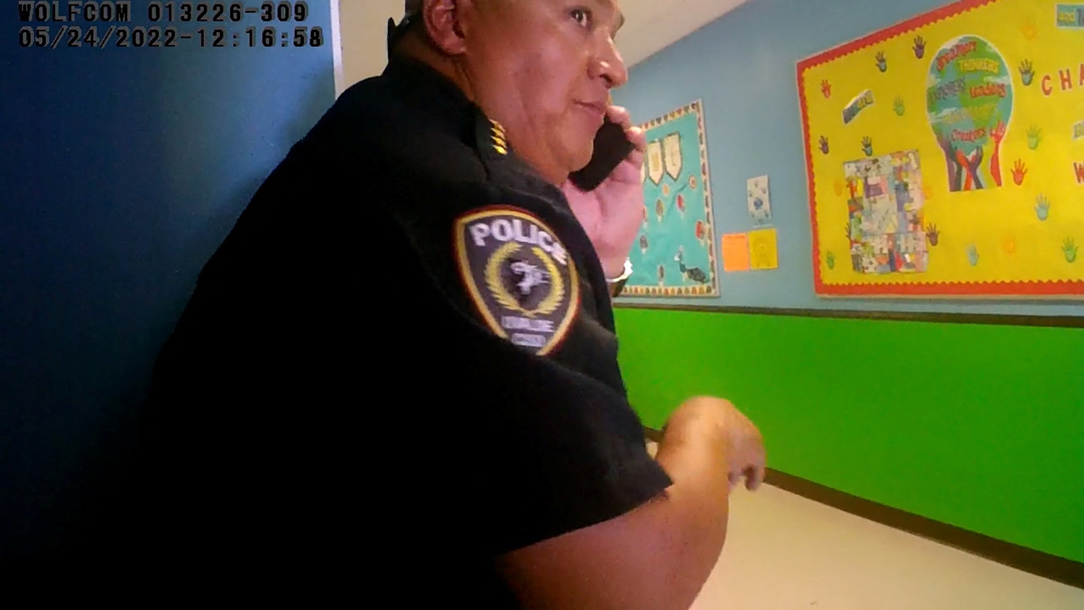 Chief Pete Arredondo in the hallway where he tried to negotiate with the gunman who continued to shoot and kill victims