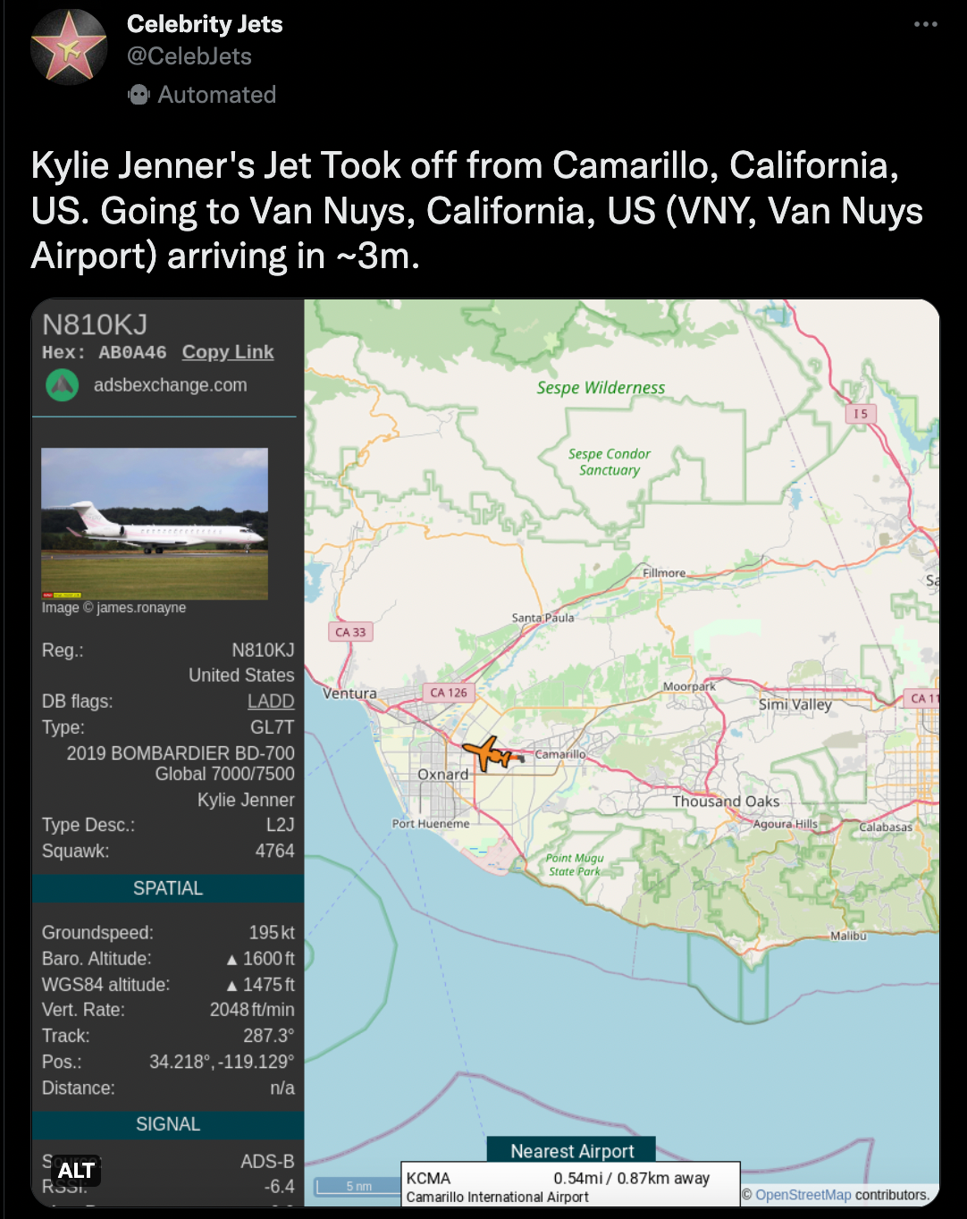 Kylie Jenner’s flight path