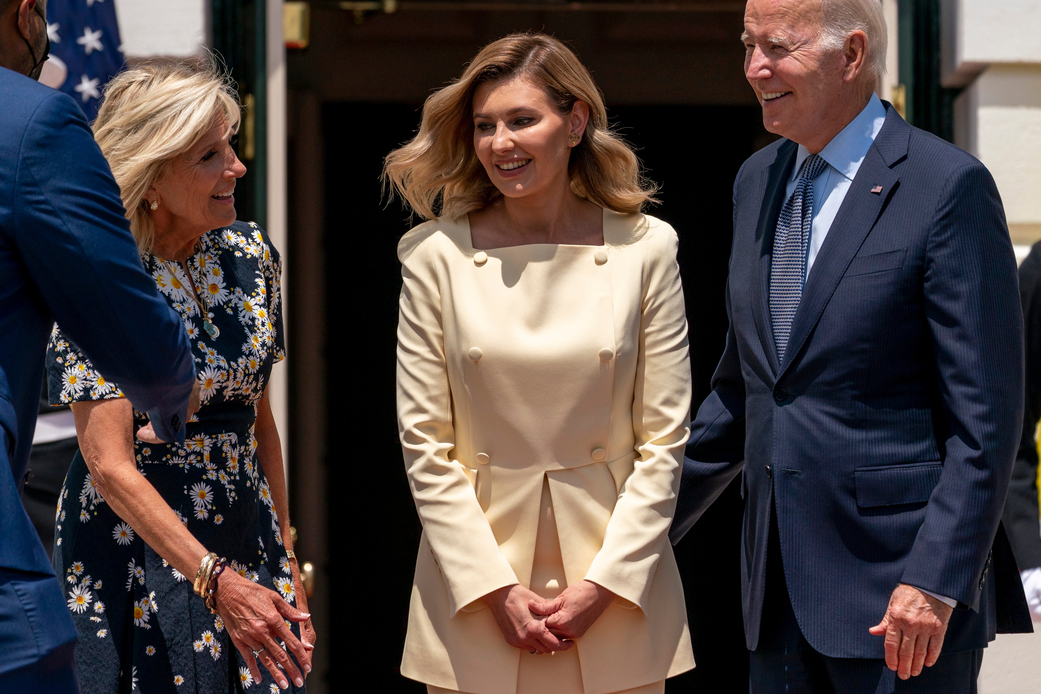 President Joe Biden and first lady Jill Biden greet Olena Zelenska, spouse of Ukrainian's President Volodymyr Zelenskyy at the White House in Washington, Tuesday, July 19, 2022. (AP Photo/Andrew Harnik)