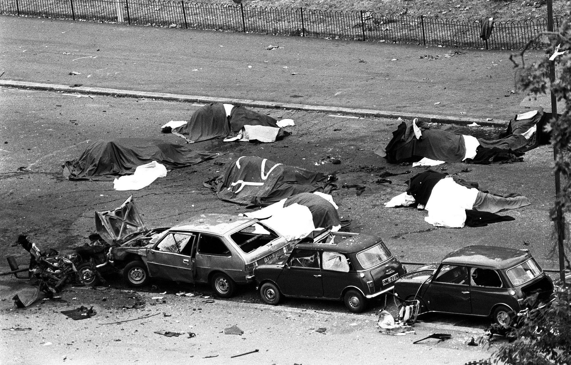 The scene in London’s Hyde Park July 20, 1982, where four soldiers and seven horses died when an IRA bomb was detonated as members of the Household Cavalry were passing (PA)