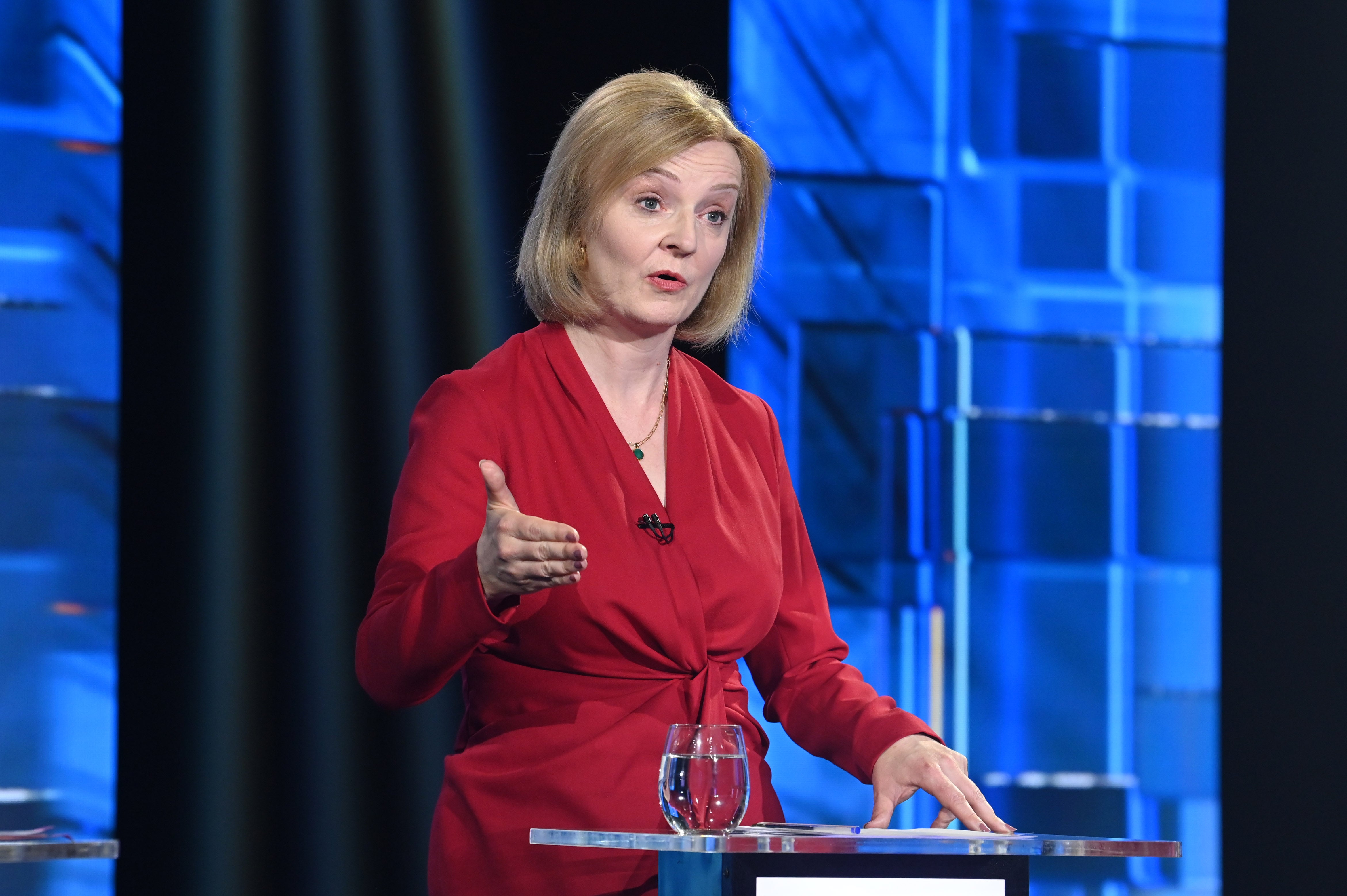 In this handout image provided by ITV, Conservative leadership candidate Liz Truss speaks during Britain’s Next Prime Minister: The ITV Debate at Riverside Studios on 17 July 2022 in London, England