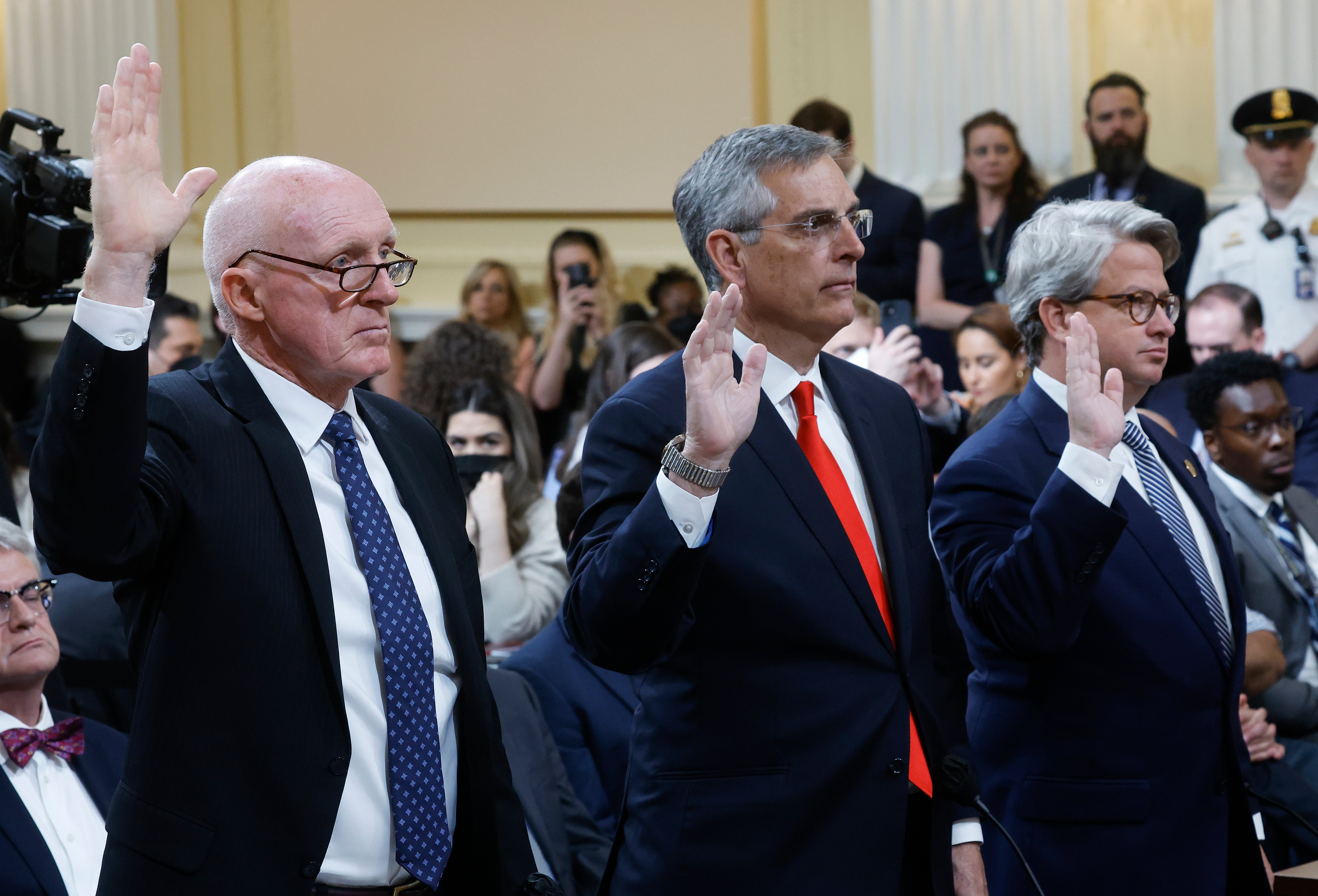 Rusty Bowers, Arizona House Speaker; Brad Raffensperger, Georgia Secretary of State; and Gabriel Sterling, Georgia Secretary of State Chief Operating Officer, are sworn in