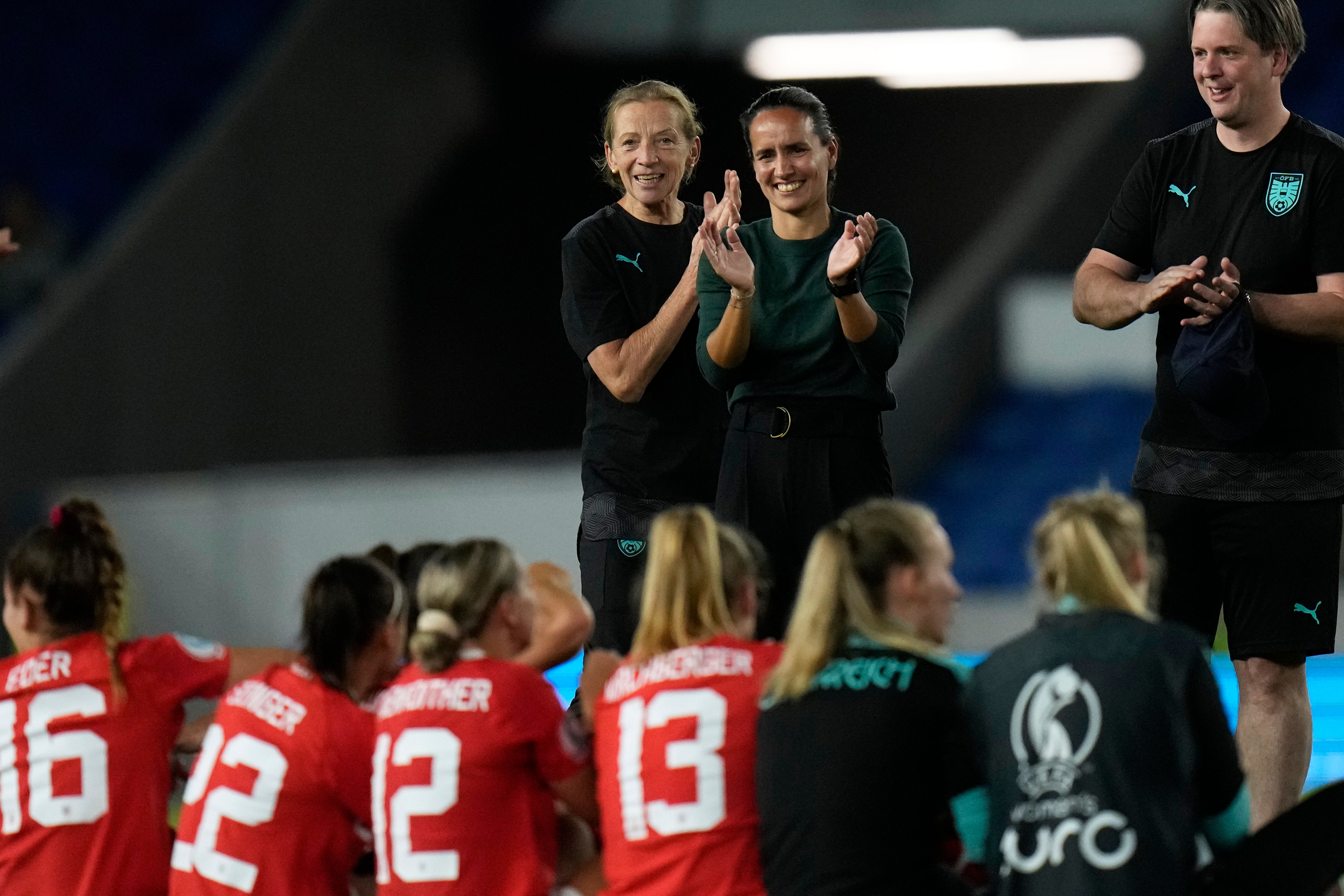 Austria’s manager Irene Fuhrmann (centre) leads her country into a quarter-final clash with Germany (Alessandra Tarantino/AP)