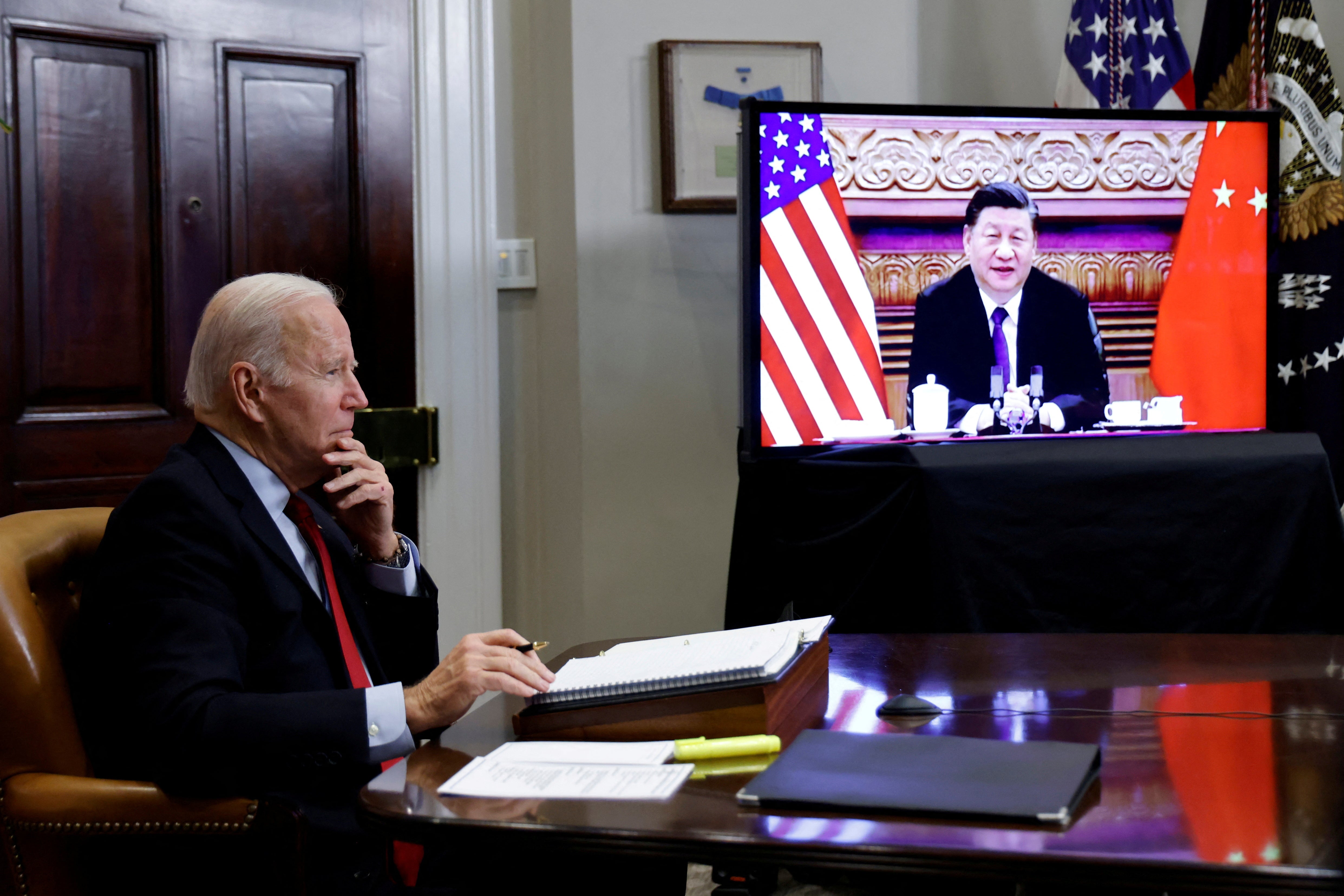 Joe Biden speaking to Chinese leader Xi Jinping from the White House in Washington, US on 15 November 2021