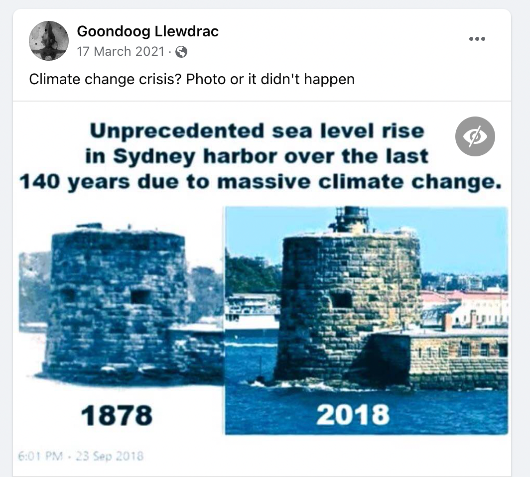 The picture showing Fort Denison does not reflect actual sea level rises