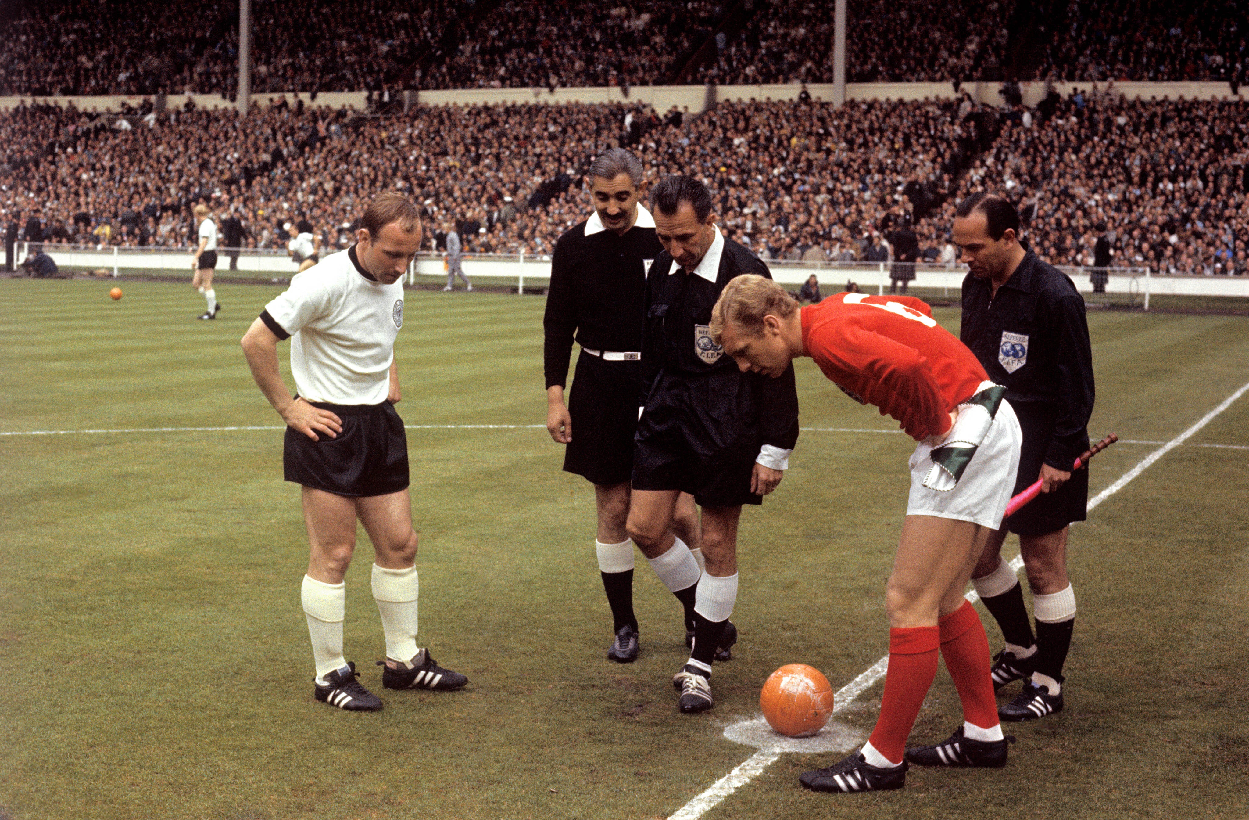 West Germany captain Uwe Seeler (left) and England skipper Bobby Moore before kick-off of the 1996 World Cup final (PA photos)