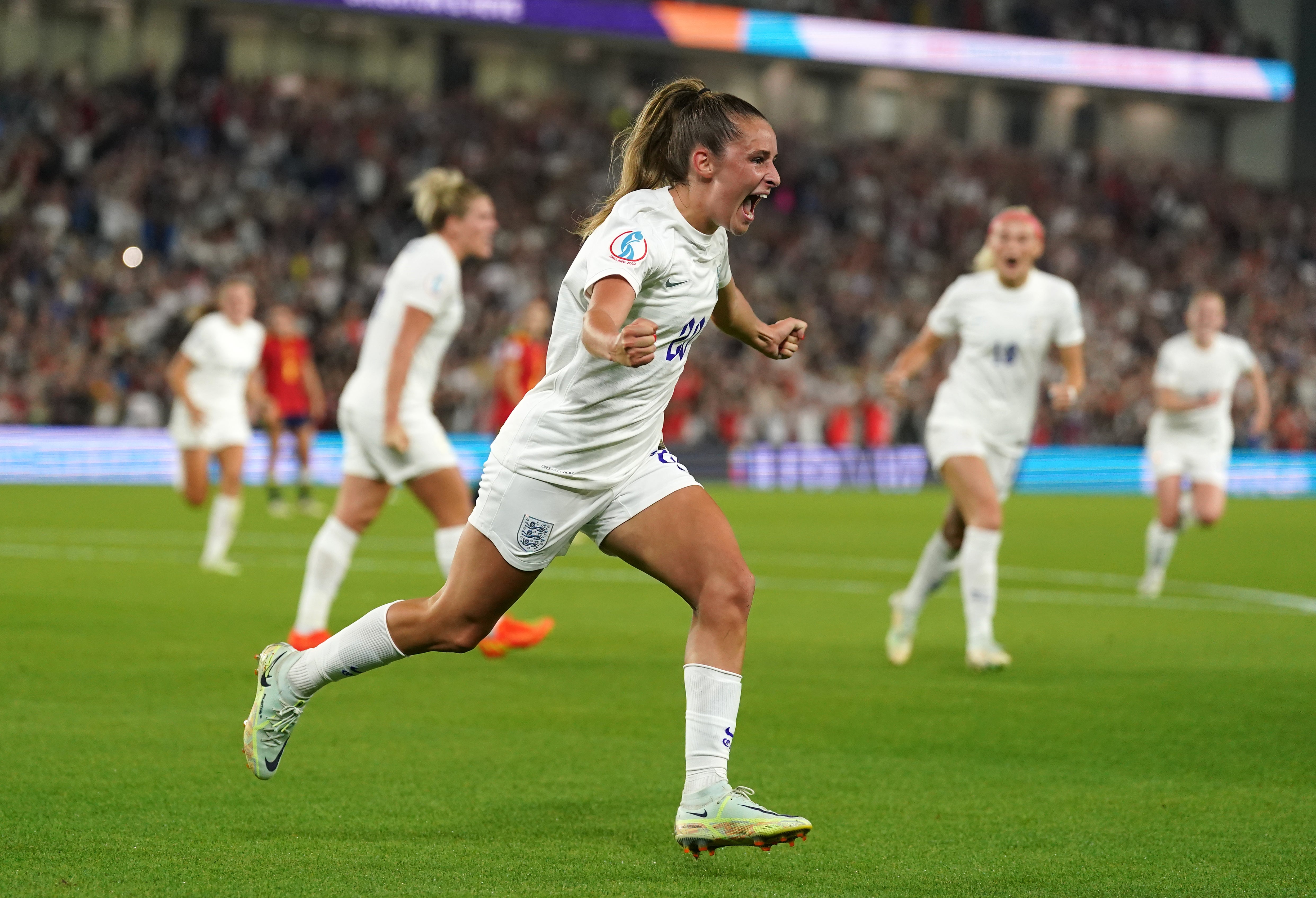 Ella Toone celebrates scoring England’s equaliser against Spain on Wednesday night