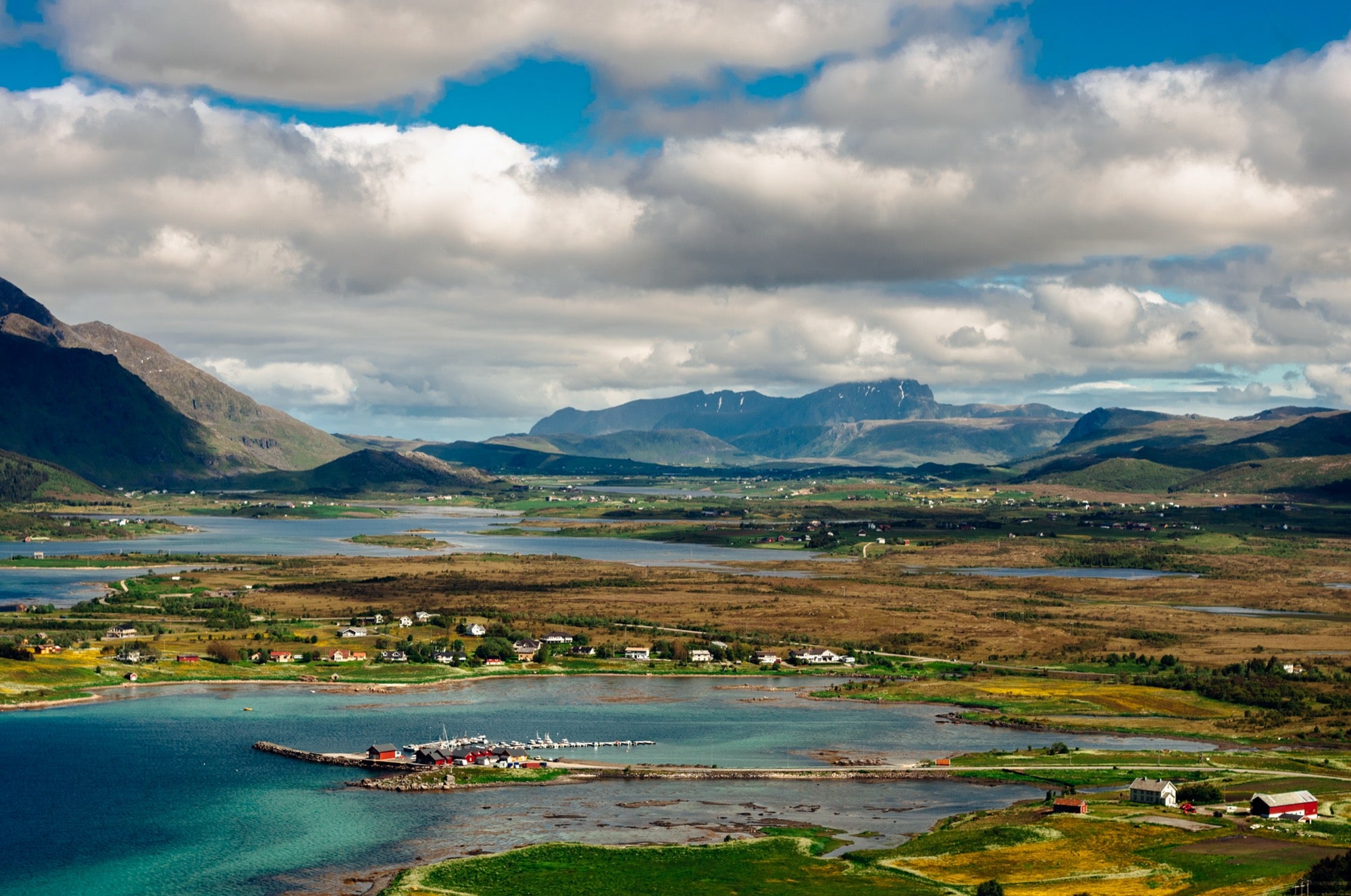 Stop off at Leknes for some outdoor adventuring in the fjords against a backdrop of spectacular mountain scenery