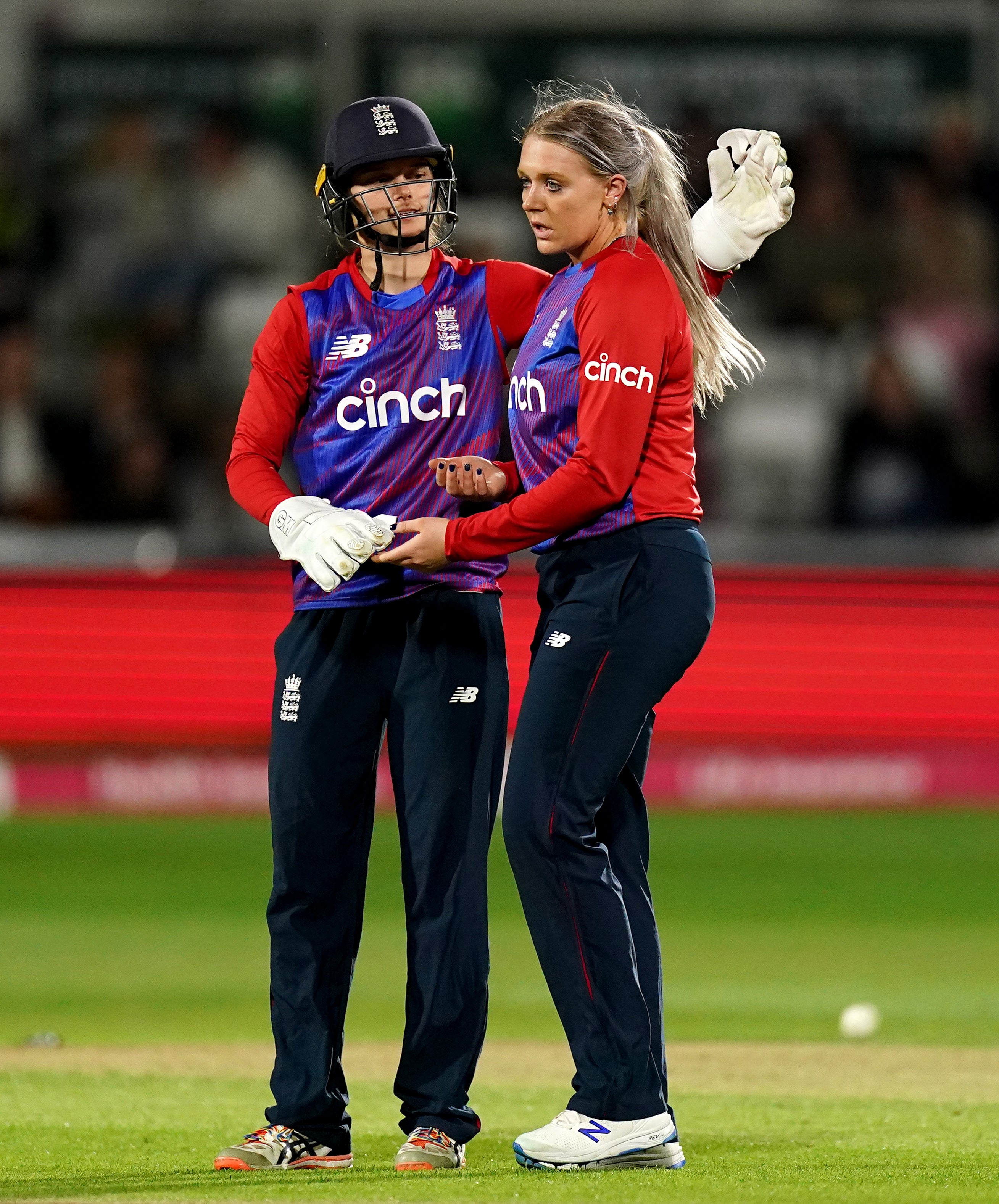 Sarah Glenn celebrates taking a wicket for England at Chelmsford (Zac Goodwin/PA)