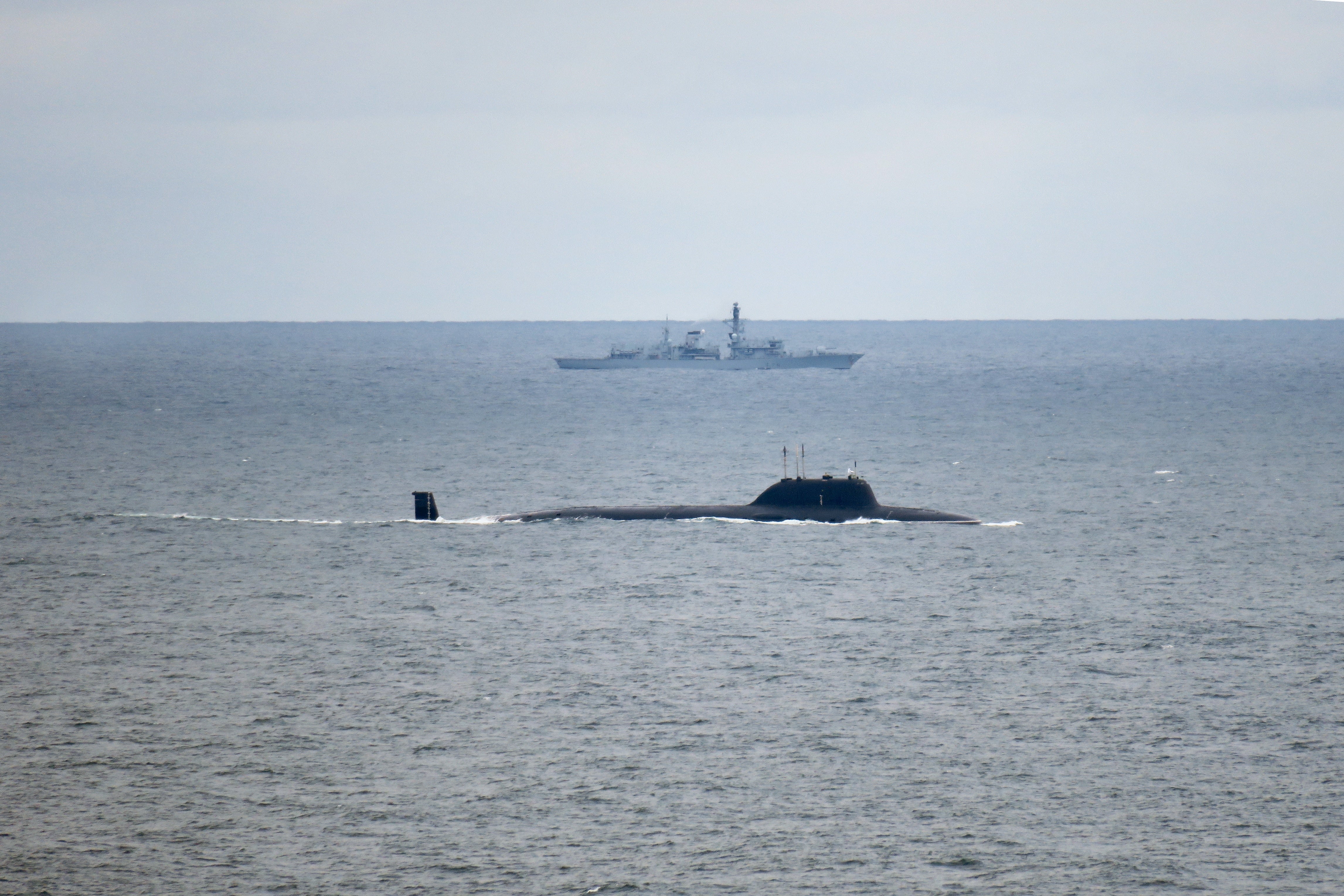 British submarine hunter HMS Portland (top) tracking Russian cruise missile submarine Severodvinsk in the North Sea, north west of Bergen, Norway (Ministry of Defence Crown copyright/PA)