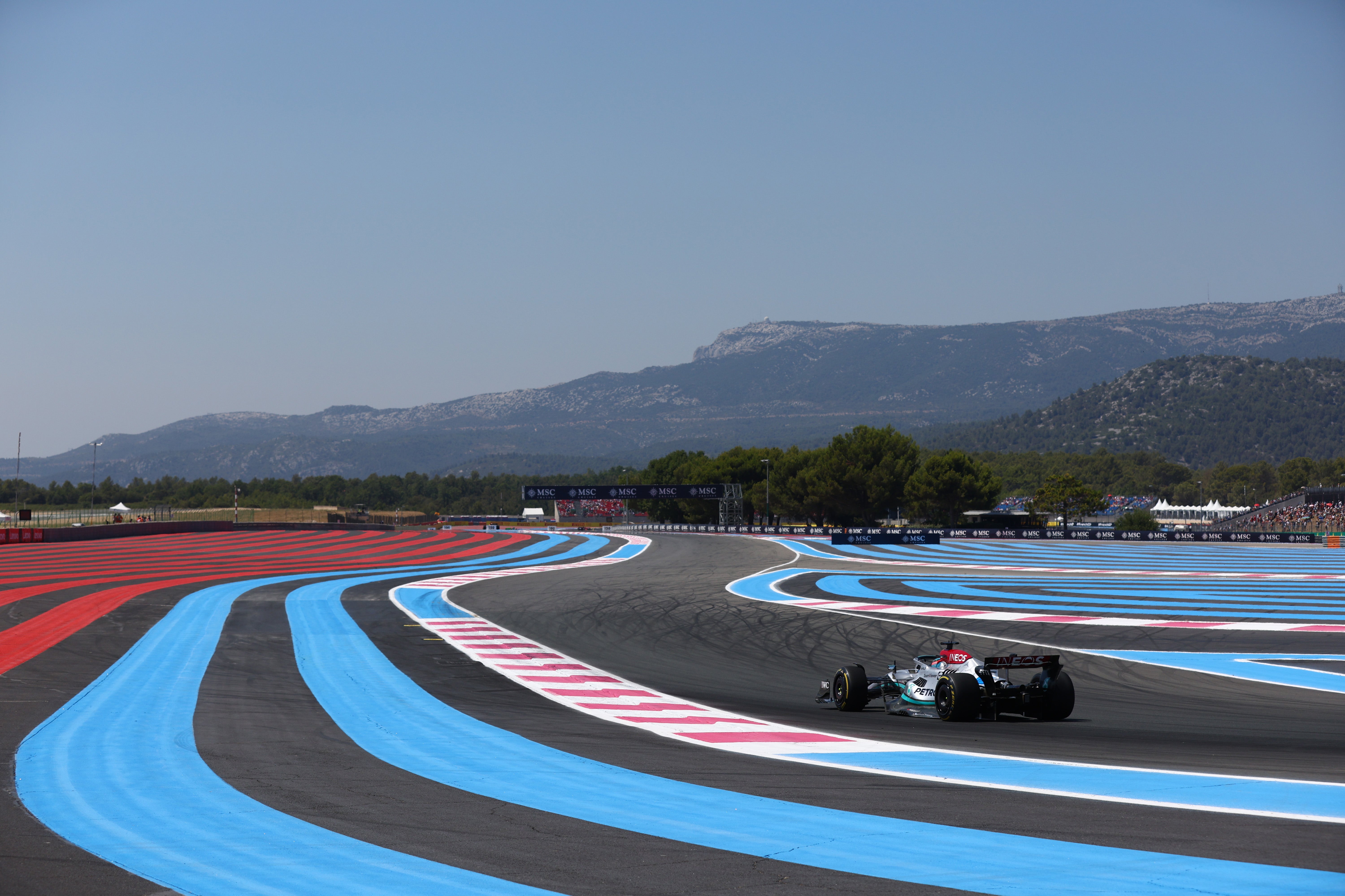 Dry run: Mercedes’ George Russell practises on the track on Friday