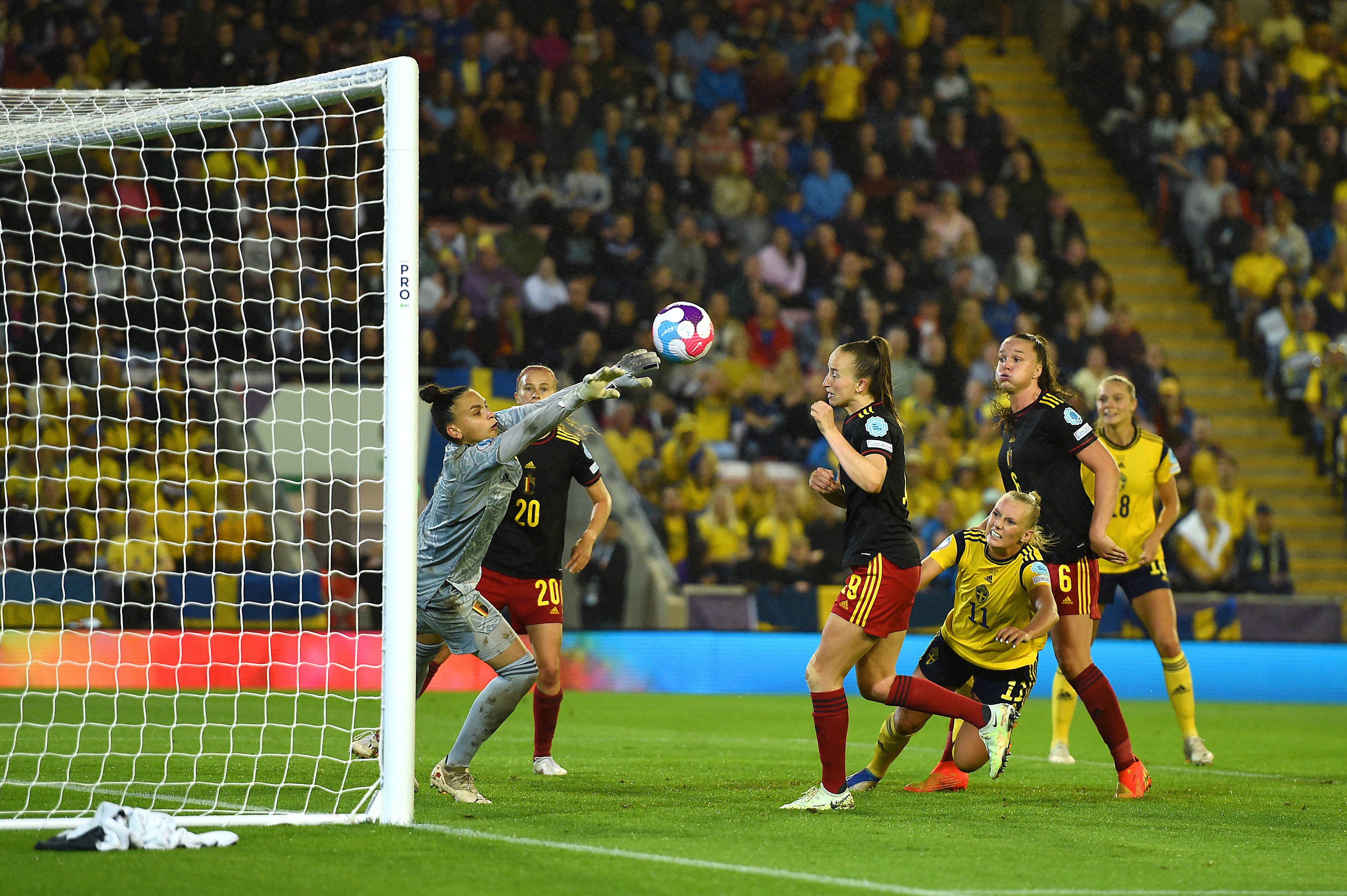 Belgium goalkeeper Nicky Evrard made a number of important saves, including brilliantly denying Blackstenius