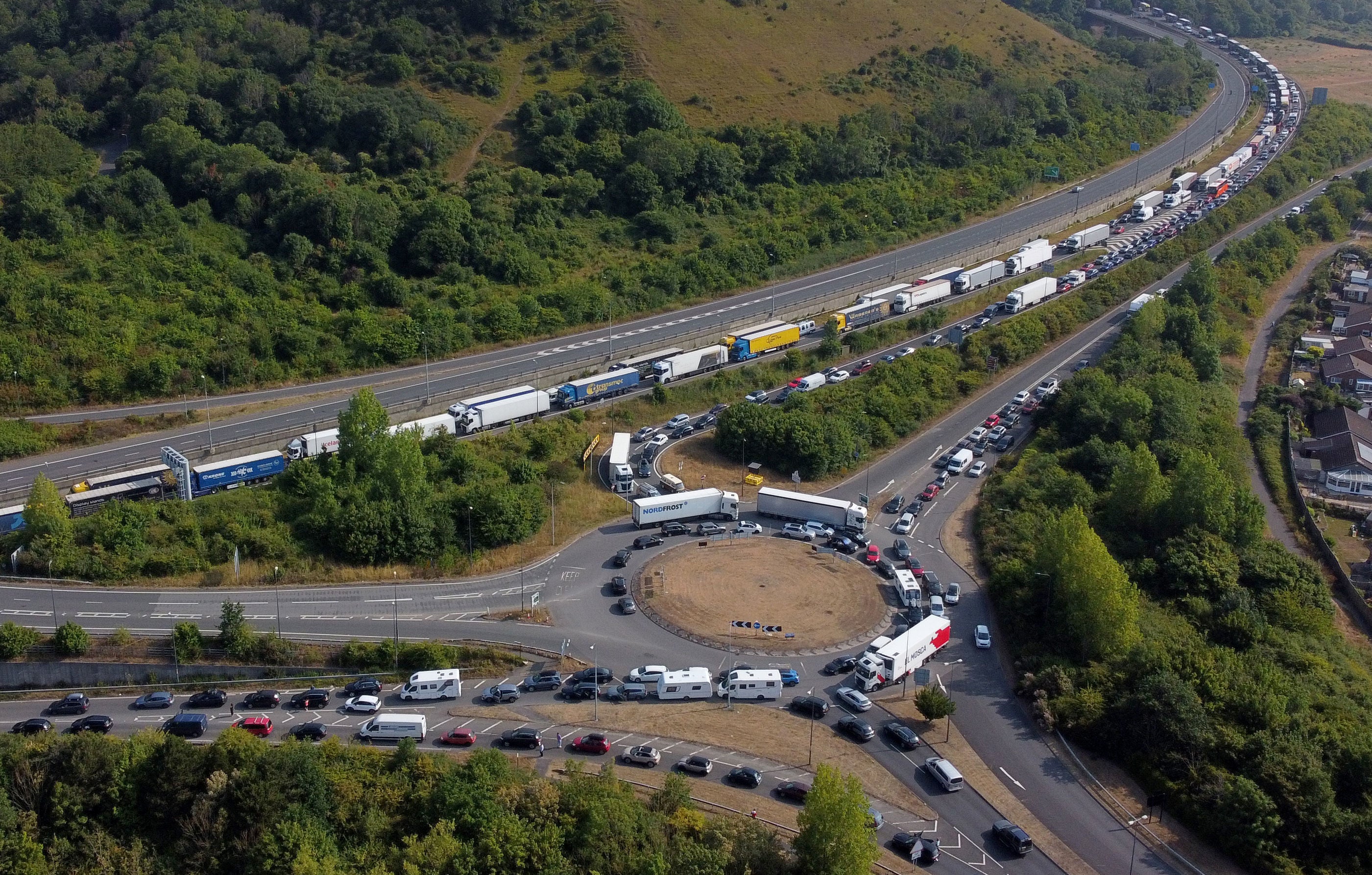 Traffic queues on the M20 near Folkestone in Kent