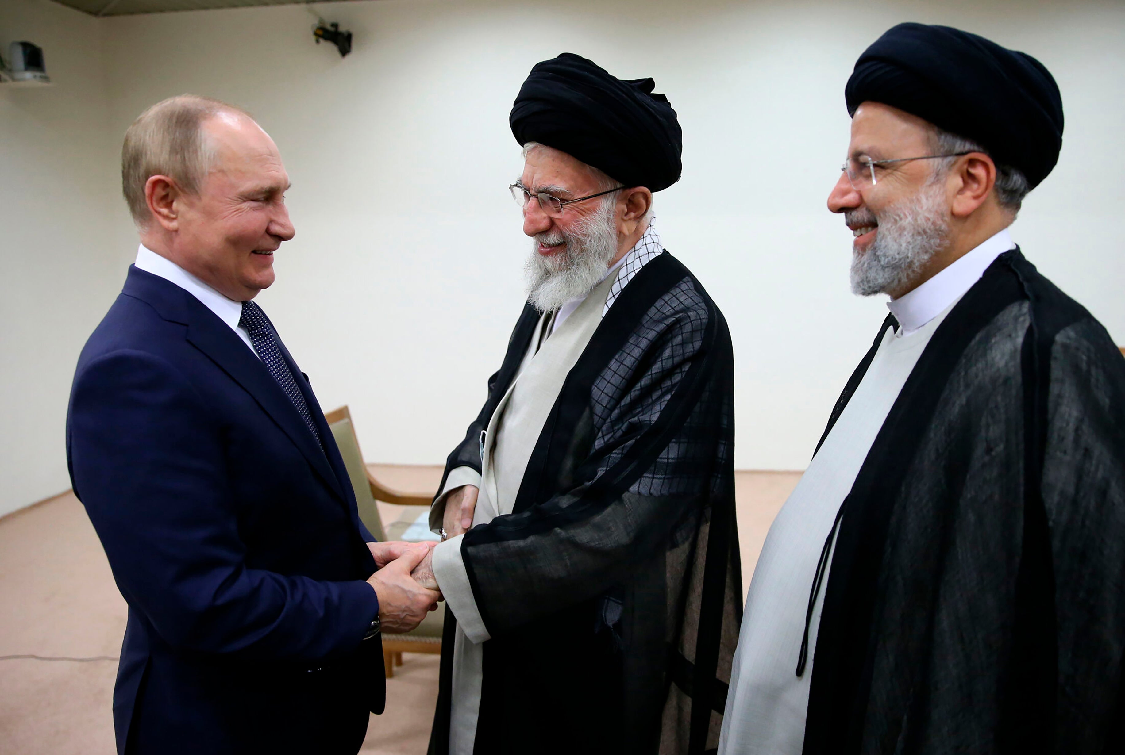 (Left to right) Vladimir Putin, Ayatollah Ali Khamenei, and Ebrahim Raisi meeting in Tehran on 19 July