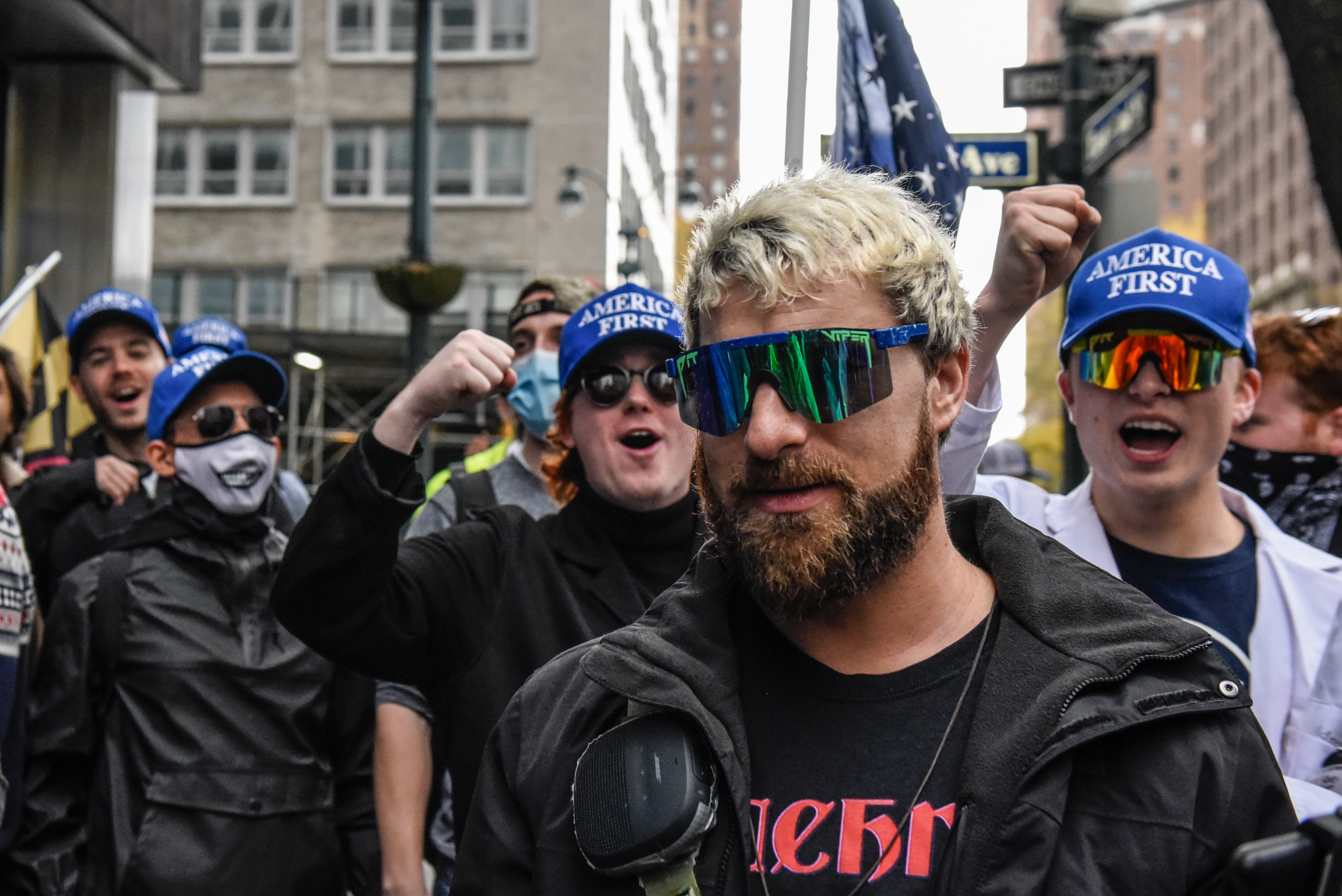 Far-right live-streamer Baked Alaska is seen with white nationalists in New York City in November 2021.