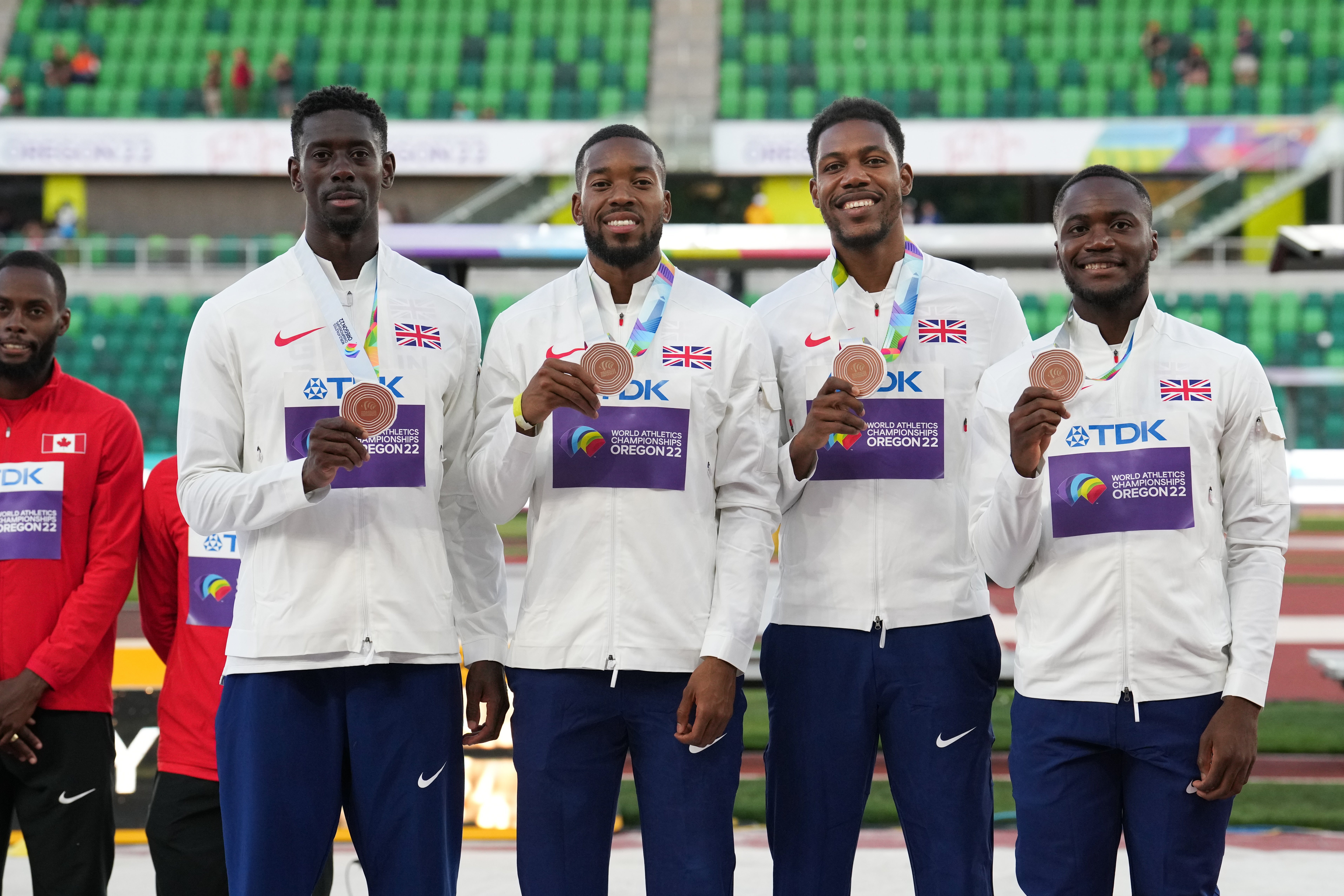 The relay squad claimed bronze at Hayward Field. (Martin Rickett/PA)