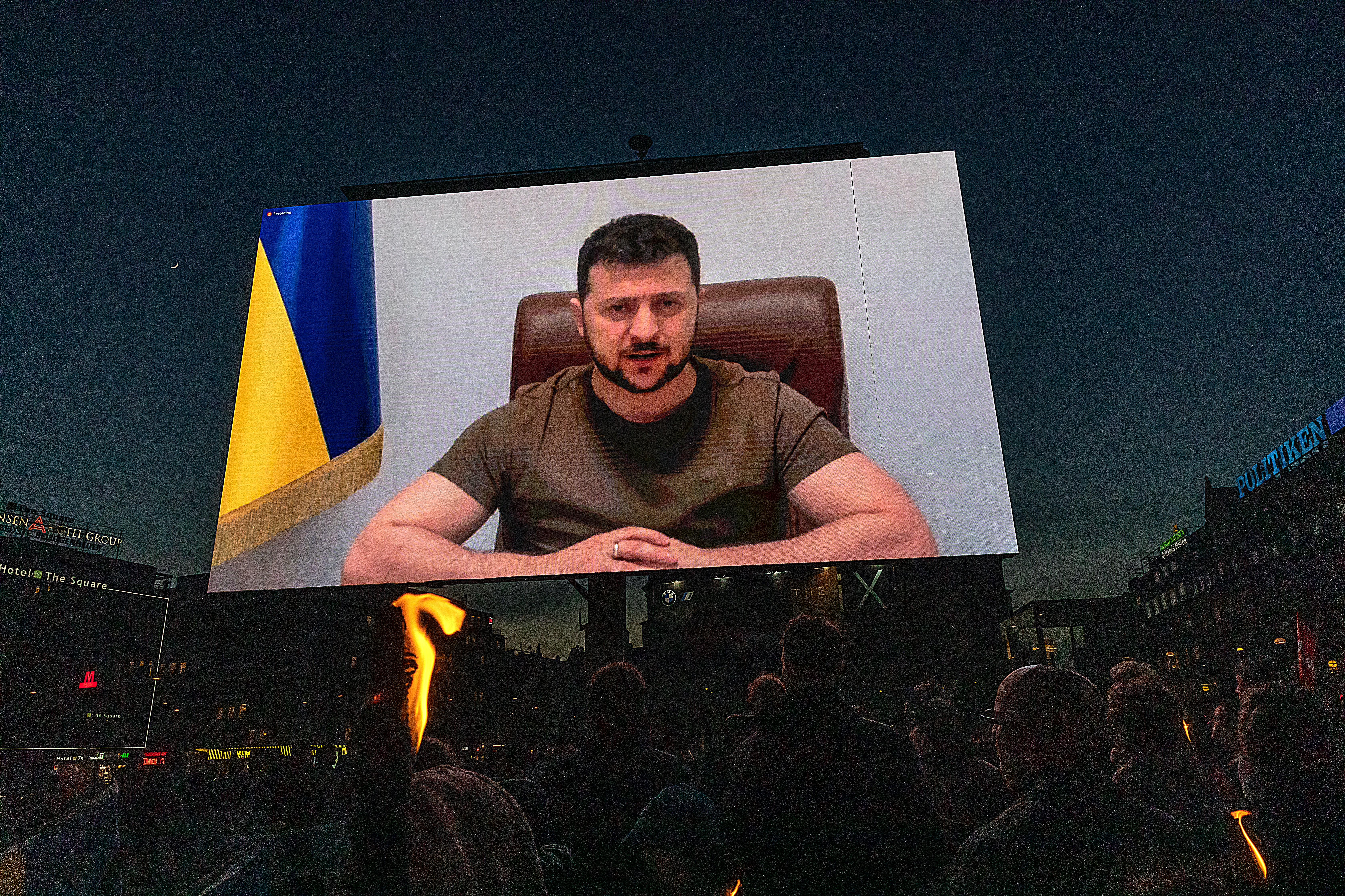 President Zelensky addresses Danes via video projected onto large screens in Copenhagen in May