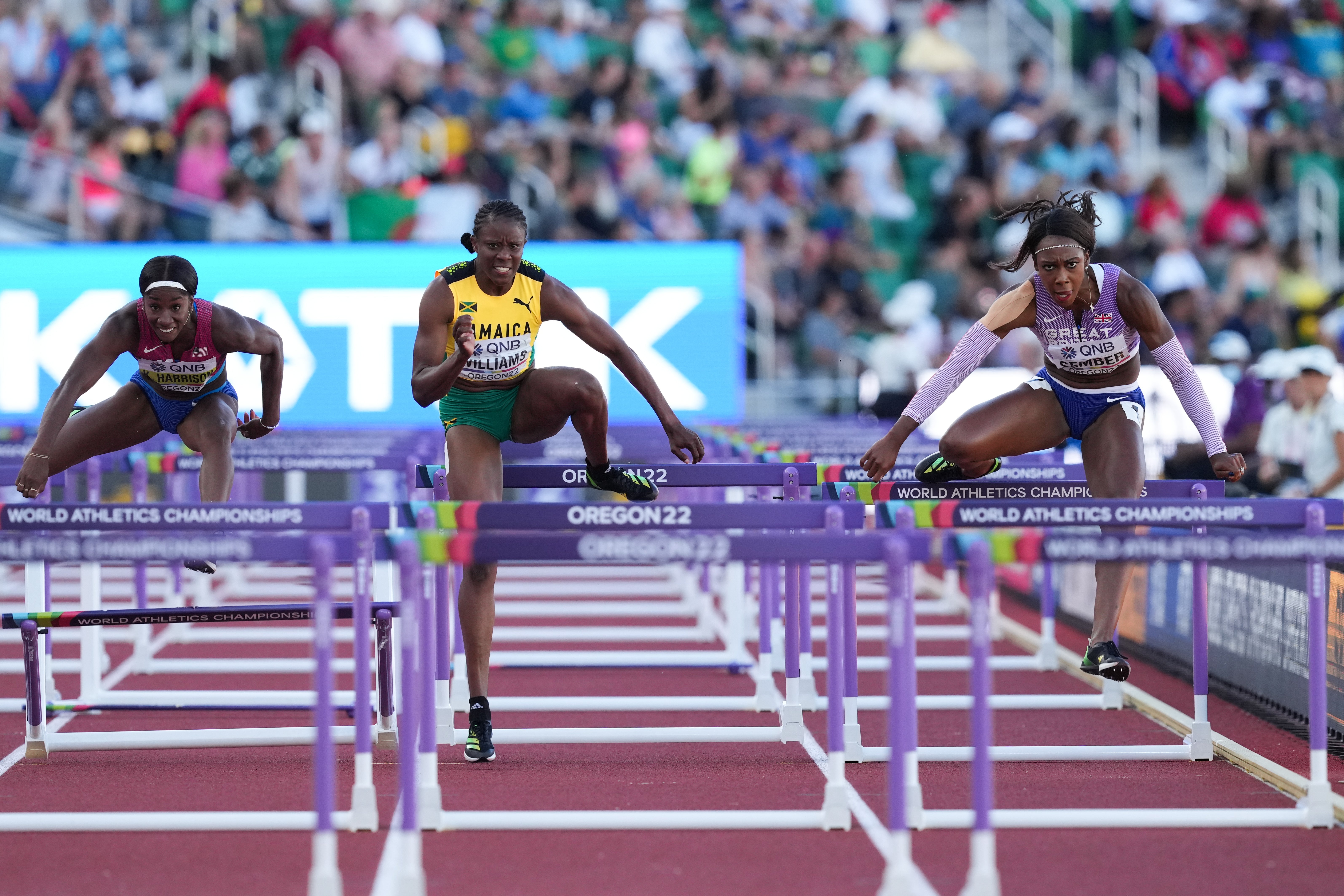 Great Britain’s Cindy Sember (right) and Jamaica’s Danielle Williams (centre) during the Women’s 100m Hurdles Final on day ten of the World Athletics Championships (Martin Rickett/PA)